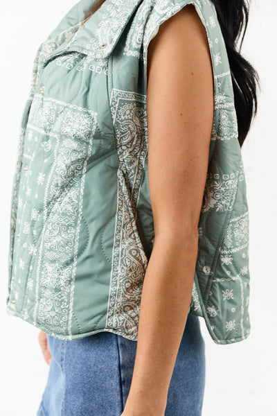 Sage Bandana Print Quilted Button Down Vest