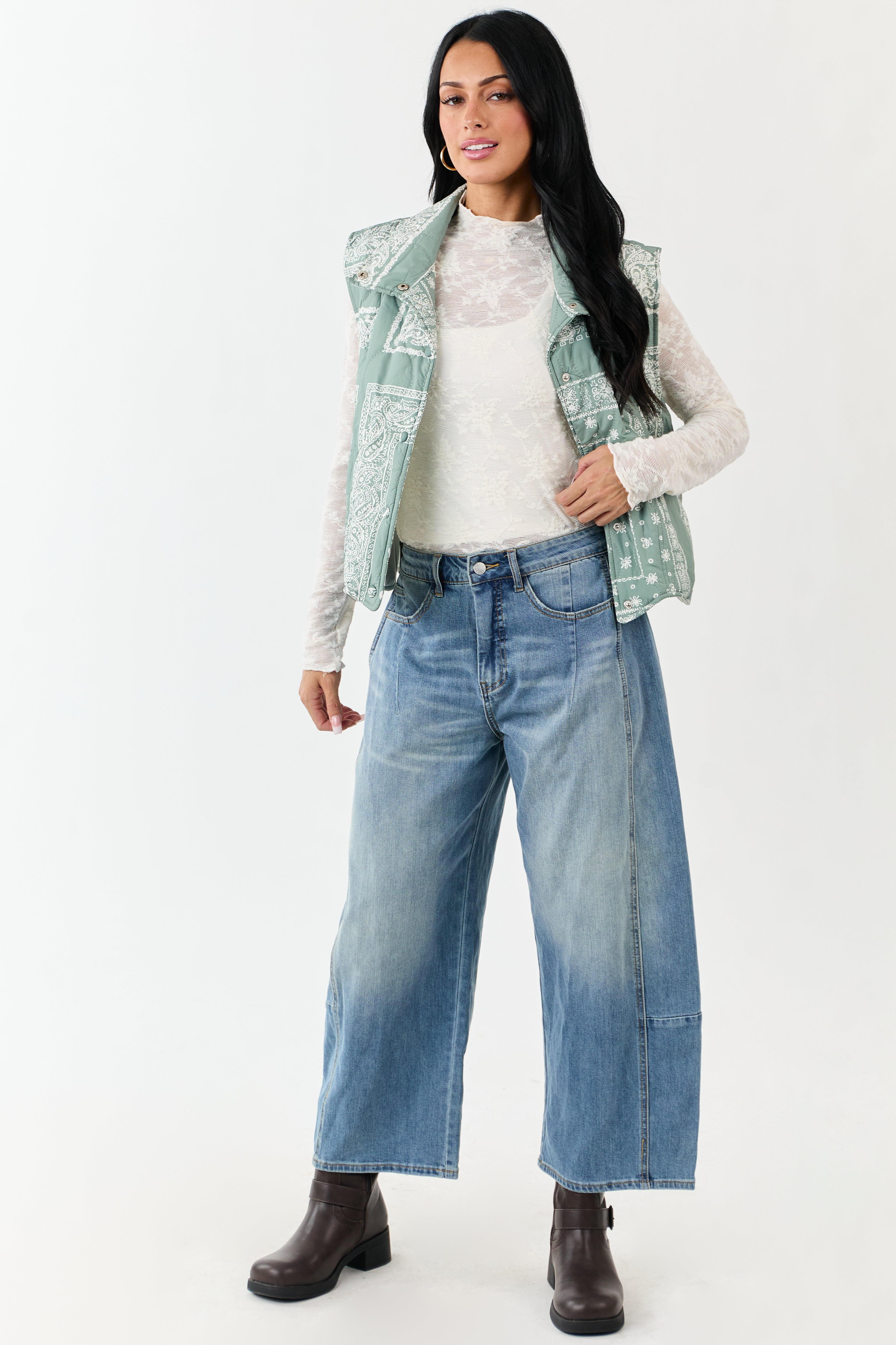Sage Bandana Print Quilted Button Down Vest