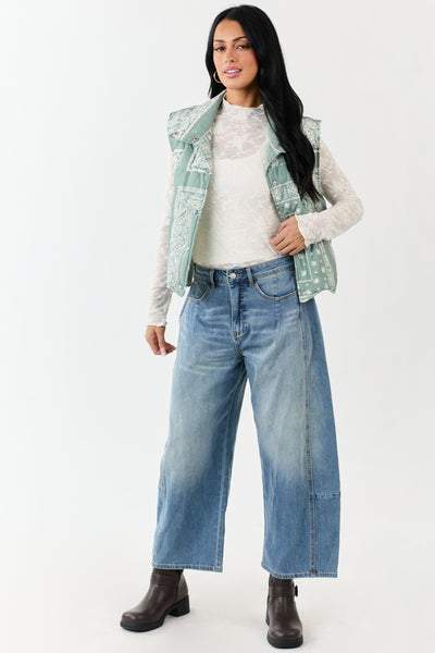 Sage Bandana Print Quilted Button Down Vest