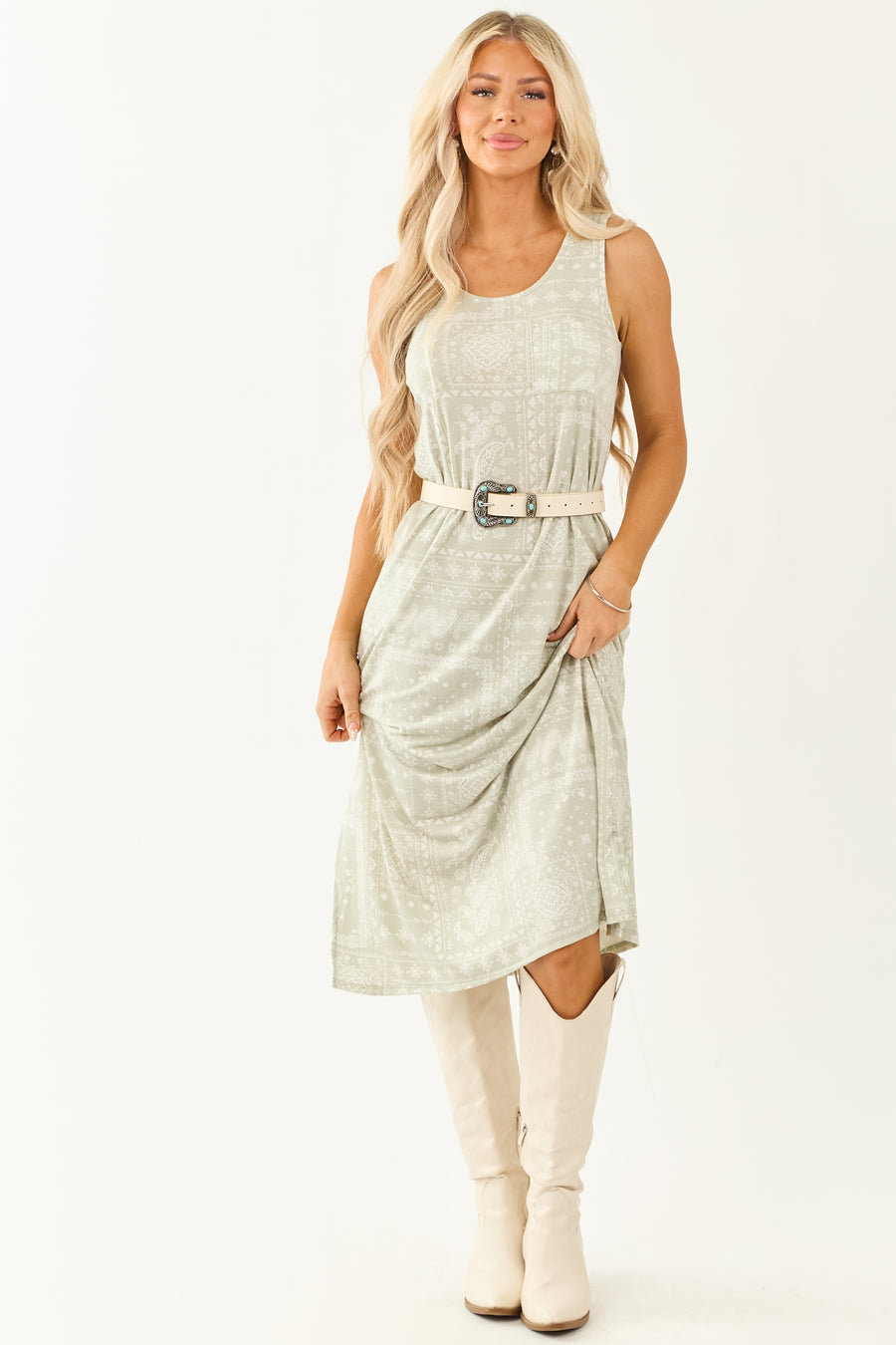 Sage Bandana Print Sleeveless Knit Midi Dress