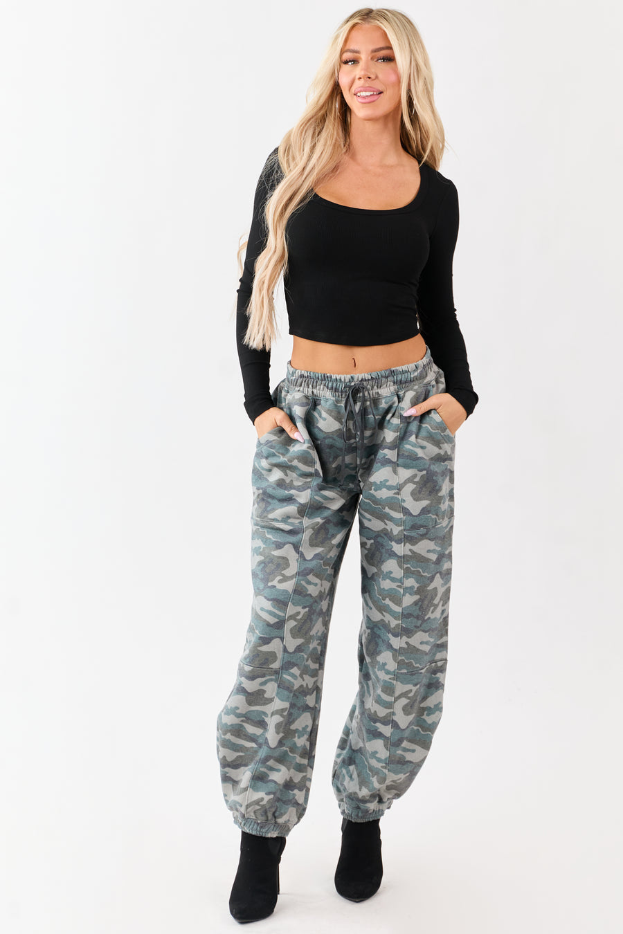 Sage Camo Print Barrel Drawstring Jogger Sweatpants