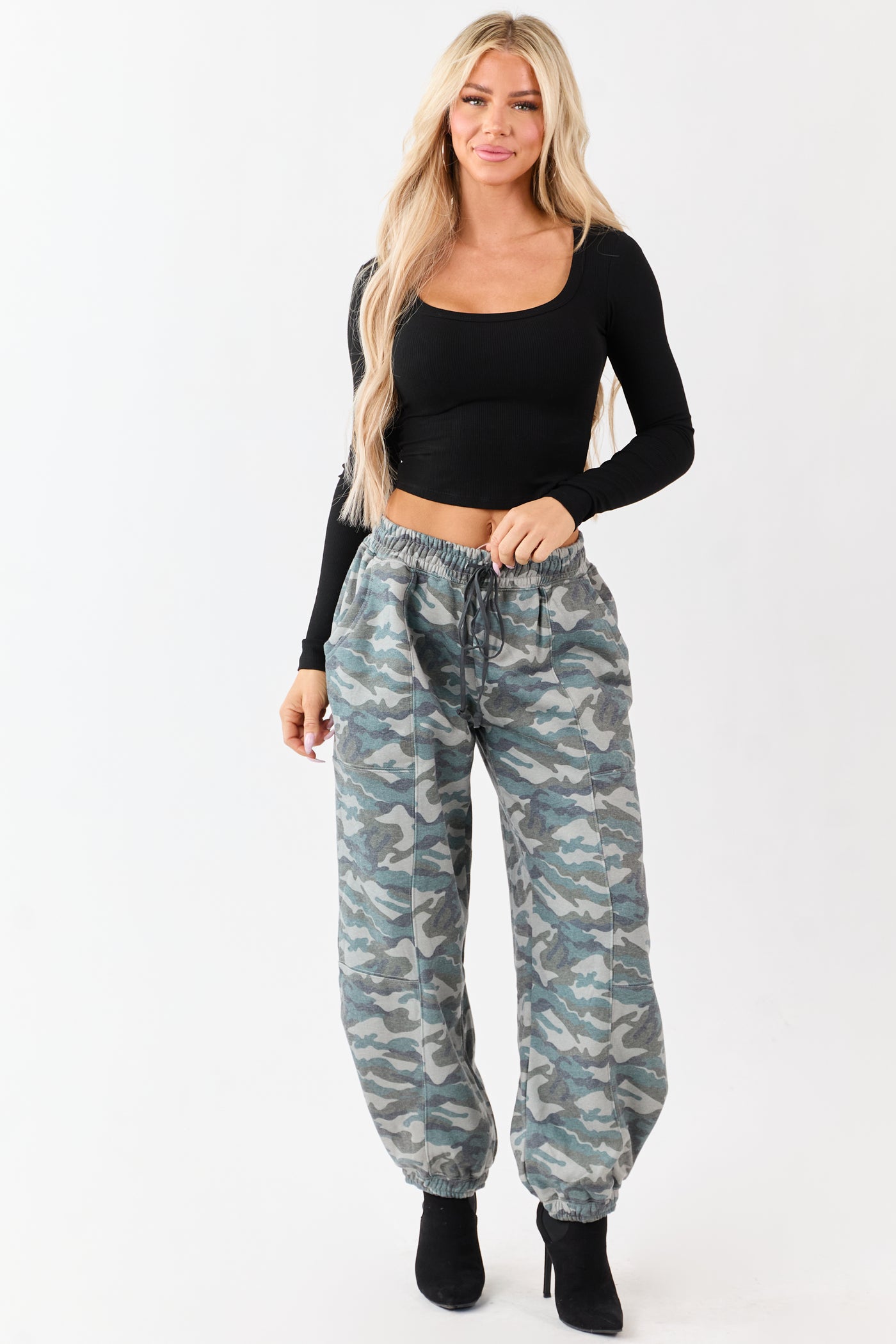 Sage Camo Print Barrel Drawstring Jogger Sweatpants