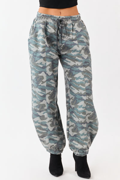 Sage Camo Print Barrel Drawstring Jogger Sweatpants