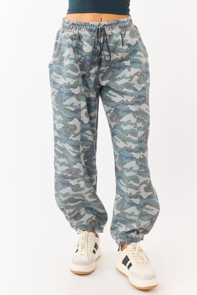 Sage Camo Print Barrel Drawstring Jogger Sweatpants