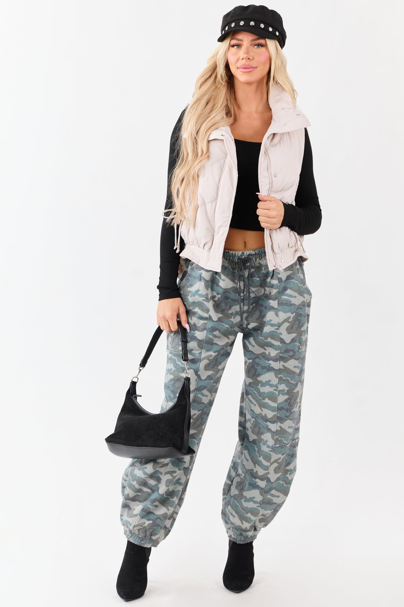 Sage Camo Print Barrel Drawstring Jogger Sweatpants