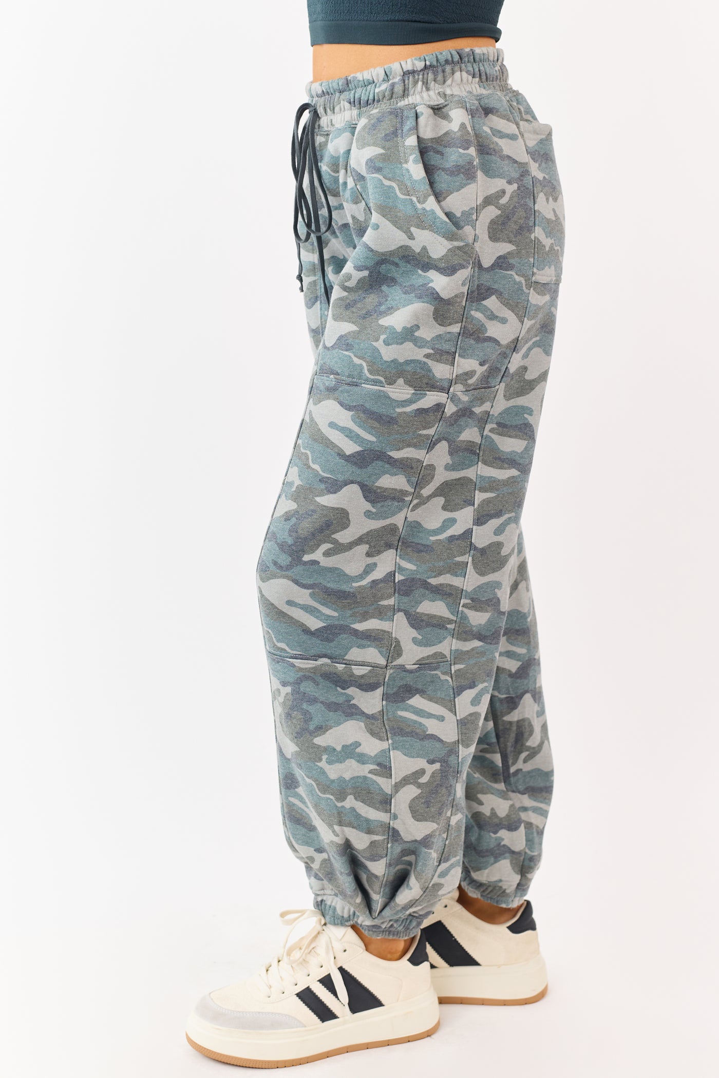 Sage Camo Print Barrel Drawstring Jogger Sweatpants
