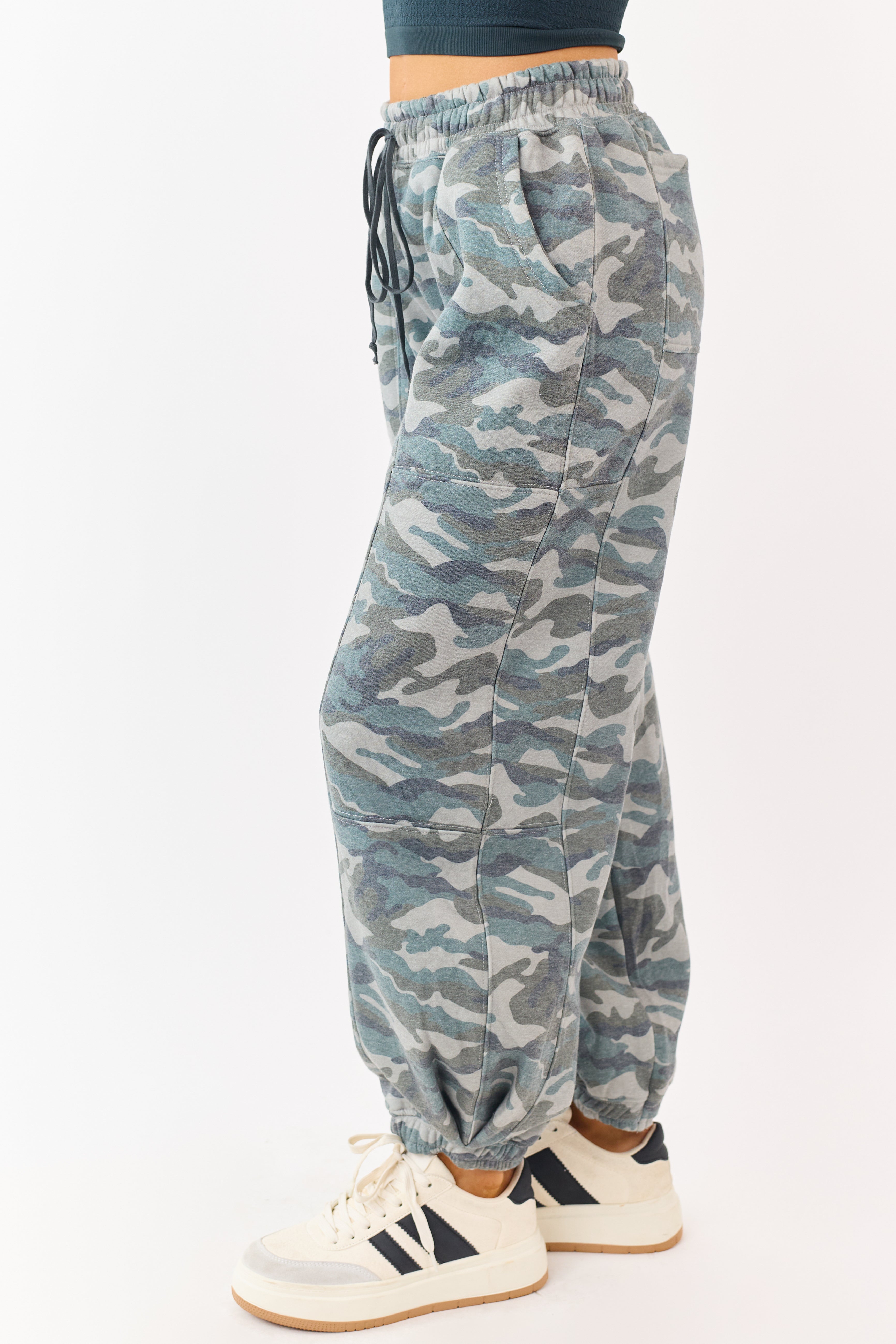 Sage Camo Print Barrel Drawstring Jogger Sweatpants