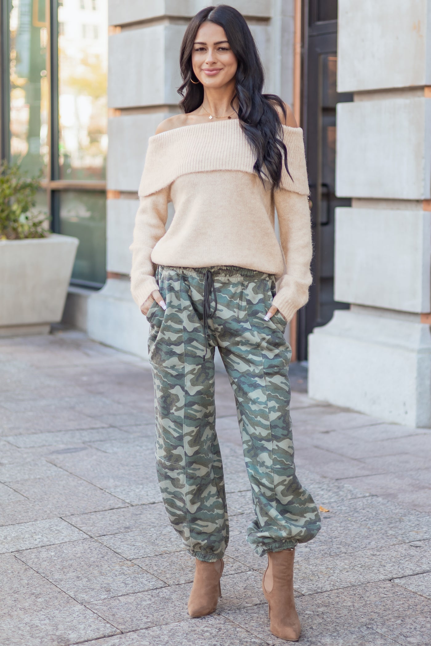 Sage Camo Print Barrel Drawstring Jogger Sweatpants