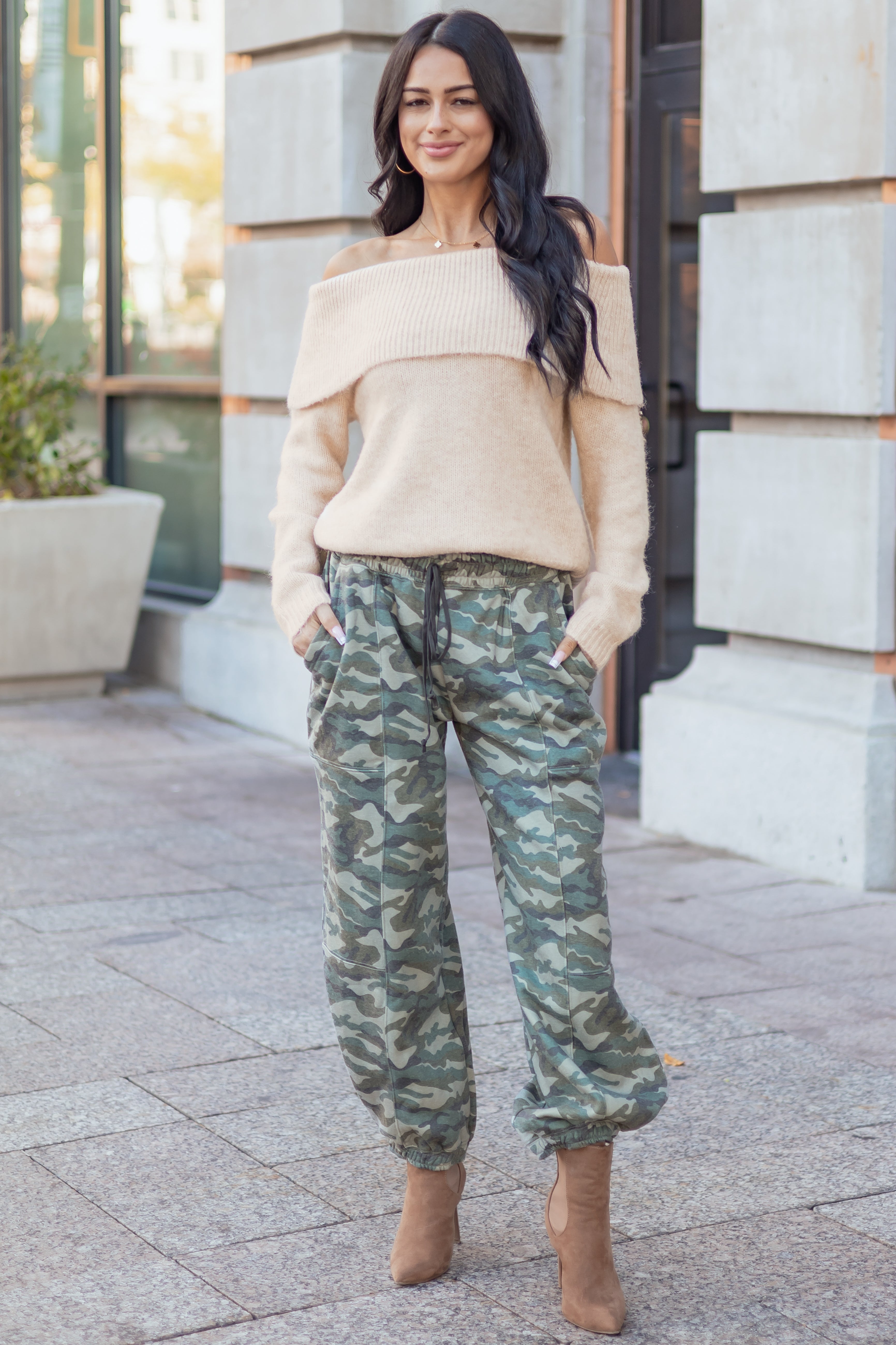 Sage Camo Print Barrel Drawstring Jogger Sweatpants
