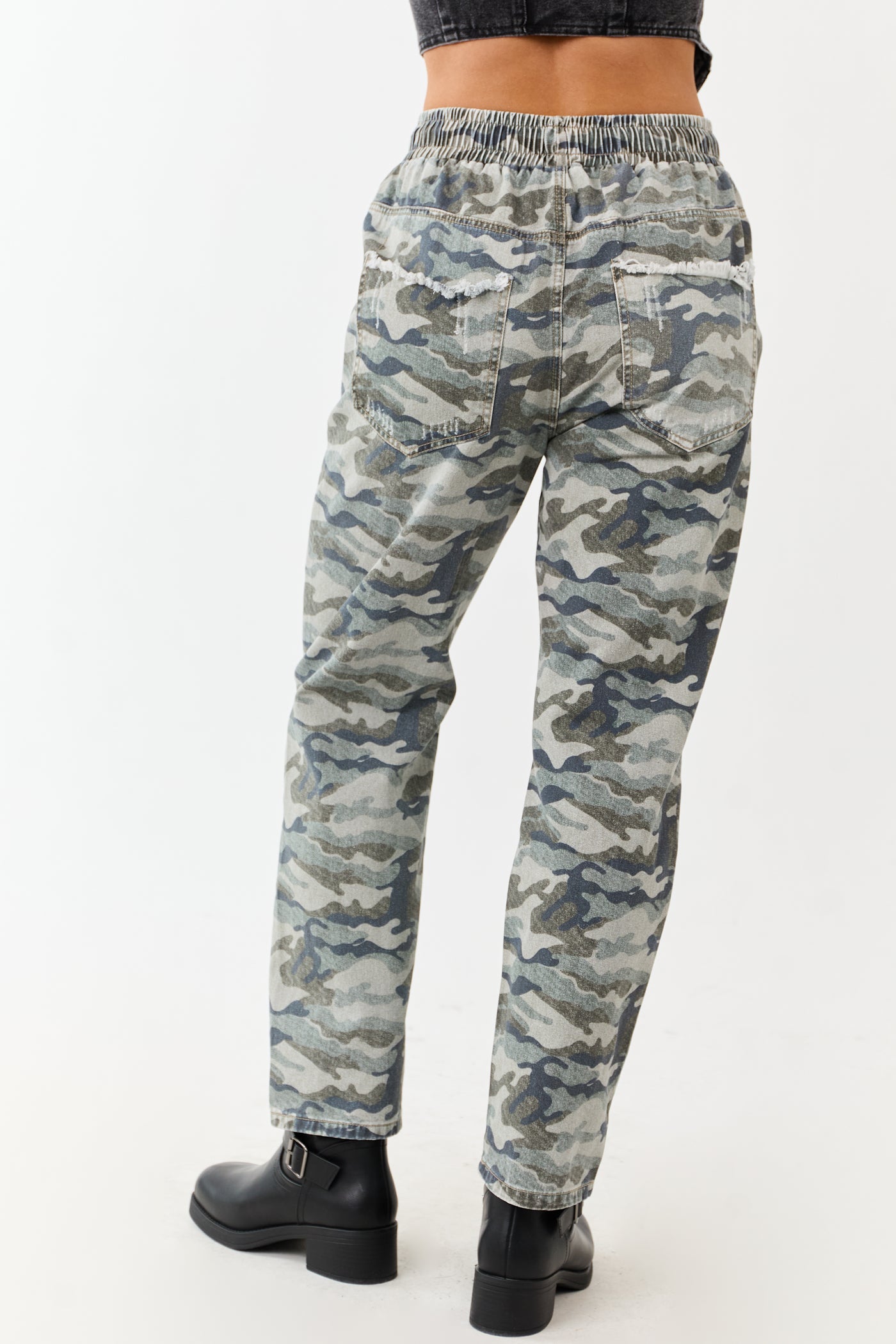 Sage Camo Print Distressed Drawstring Denim Pants