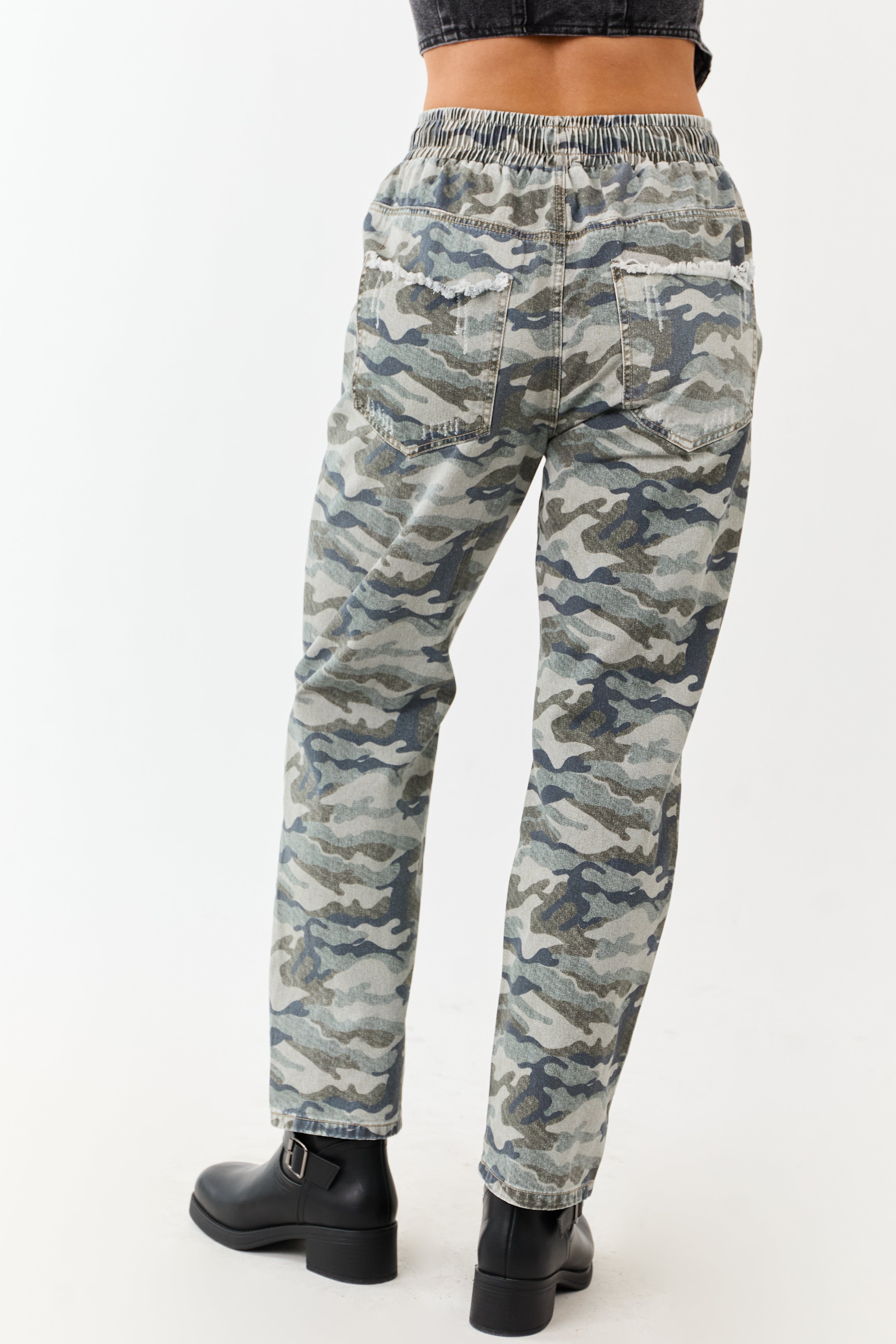 Sage Camo Print Distressed Drawstring Denim Pants