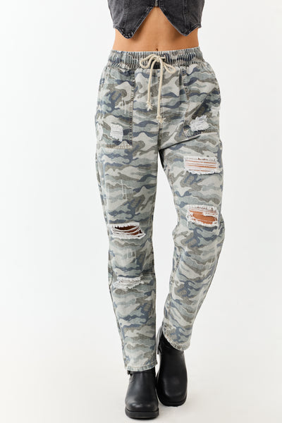 Sage Camo Print Distressed Drawstring Denim Pants