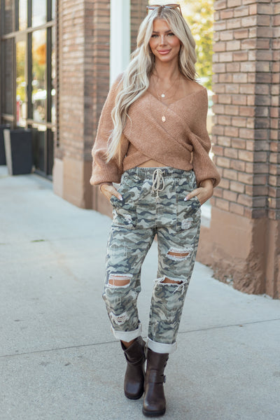 Sage Camo Print Distressed Drawstring Denim Pants