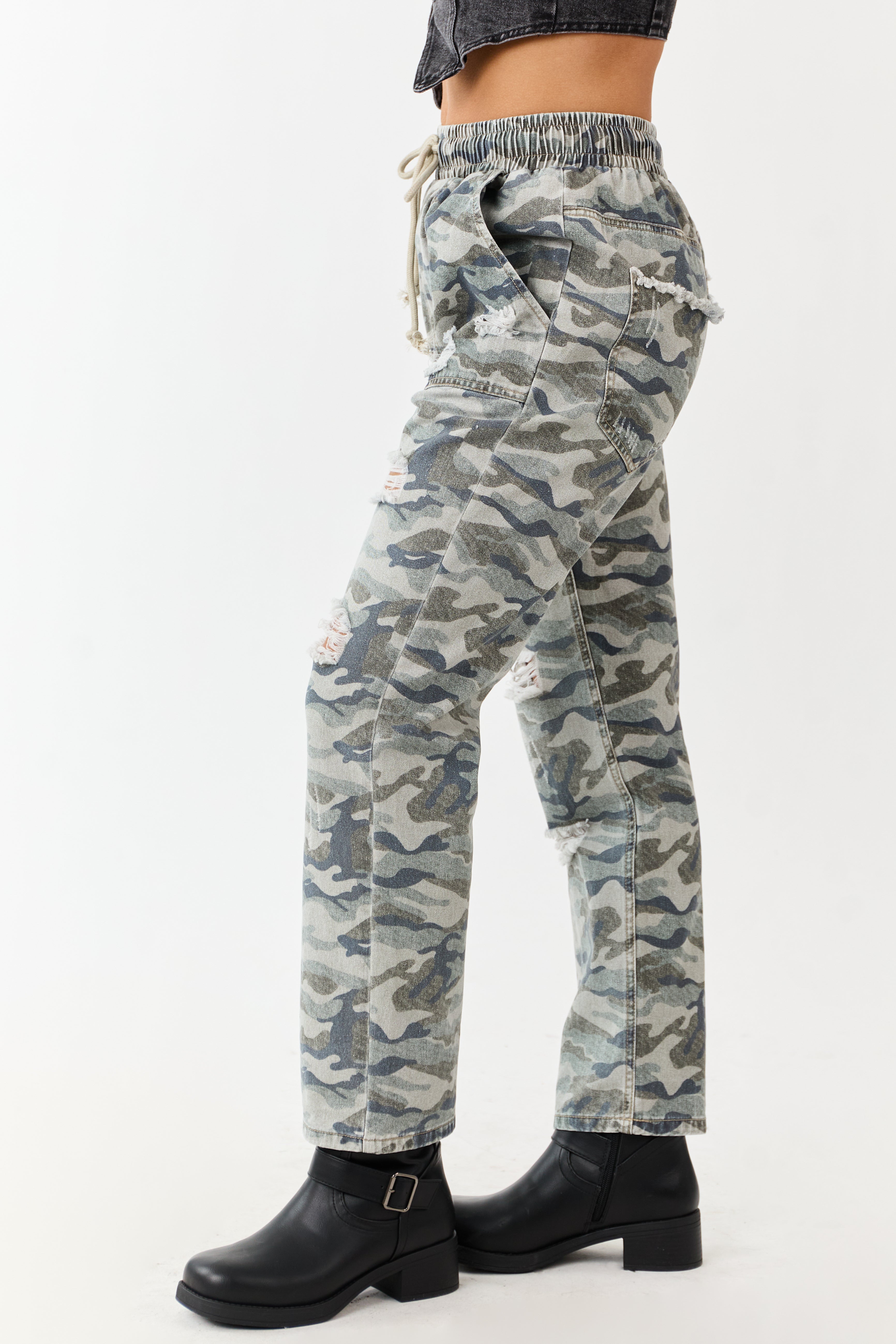 Sage Camo Print Distressed Drawstring Denim Pants