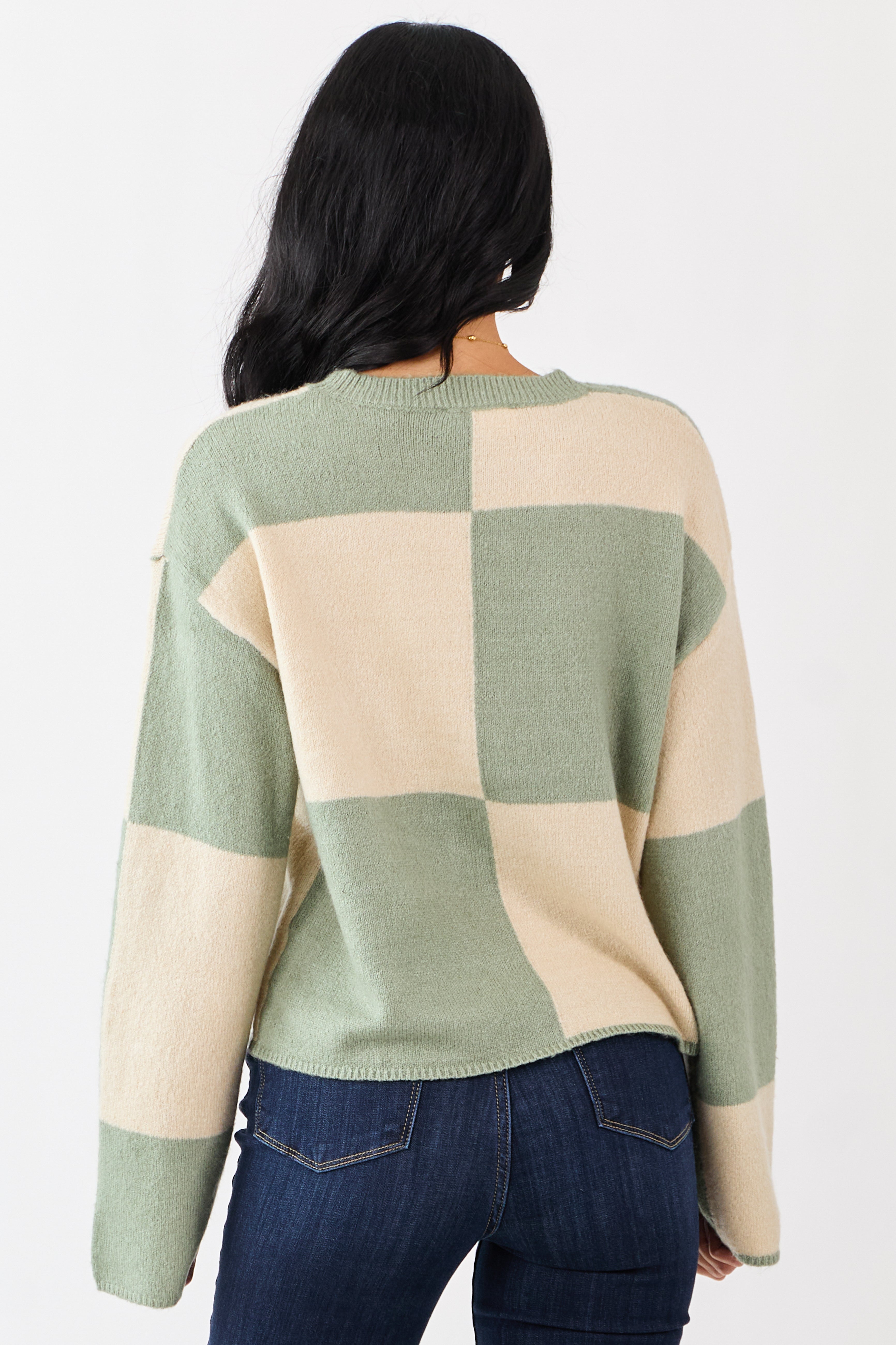 Sage Checkered Crew Neck Long Sleeve Sweater