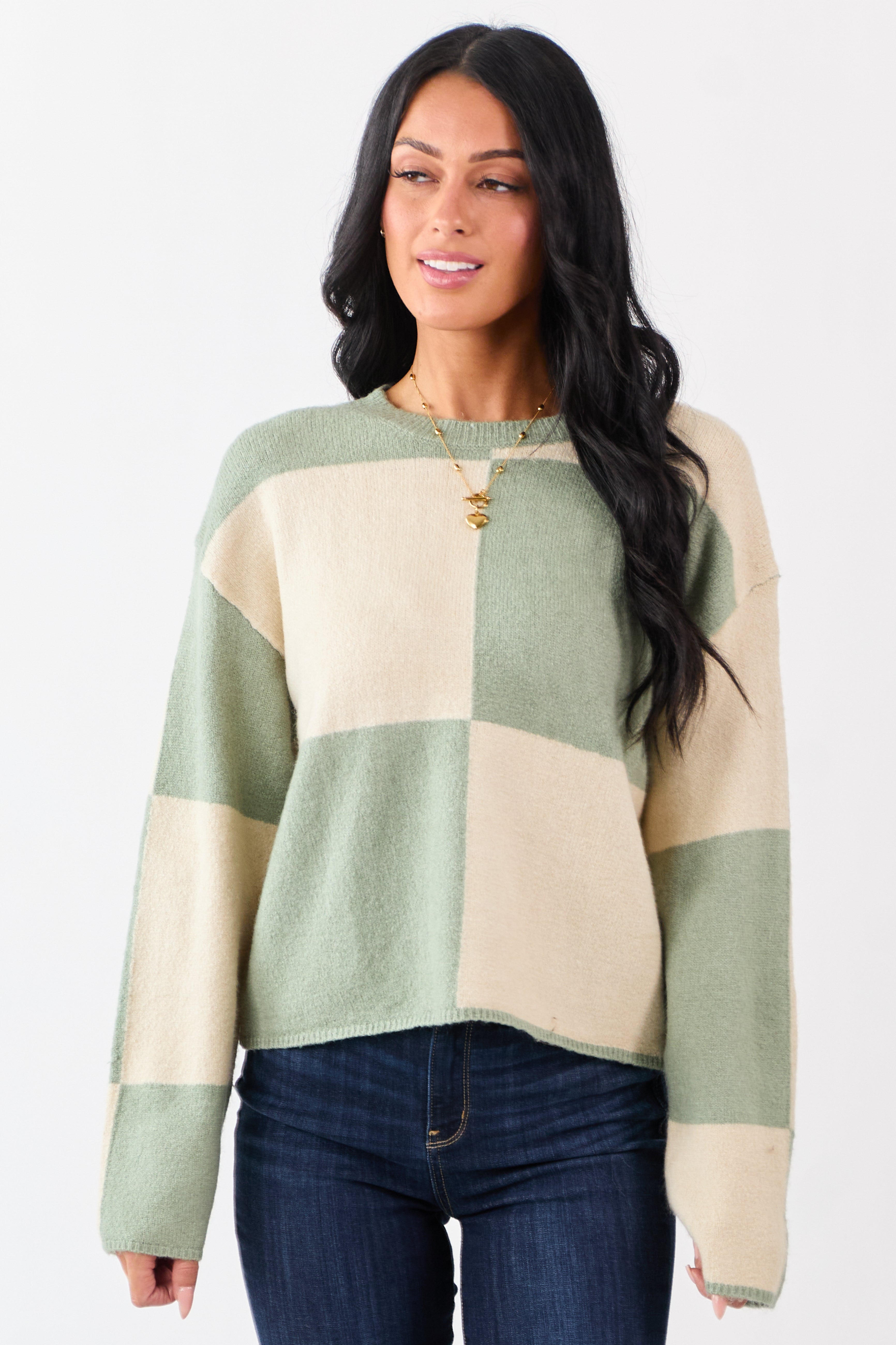 Sage Checkered Crew Neck Long Sleeve Sweater