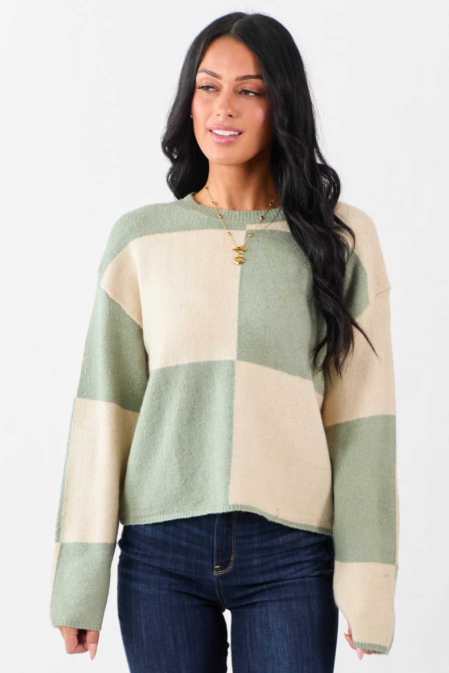 Sage Checkered Crew Neck Long Sleeve Sweater