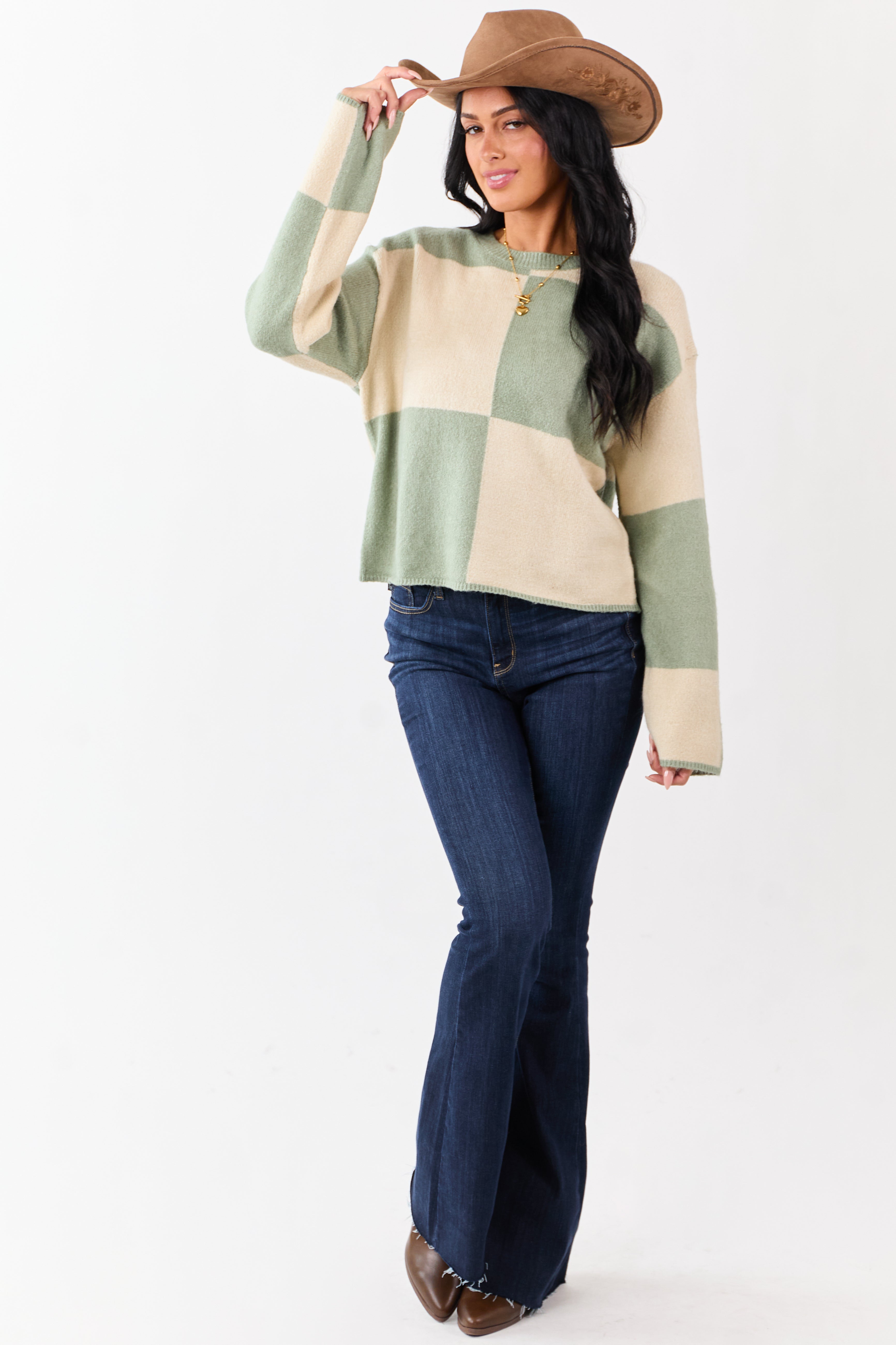 Sage Checkered Crew Neck Long Sleeve Sweater