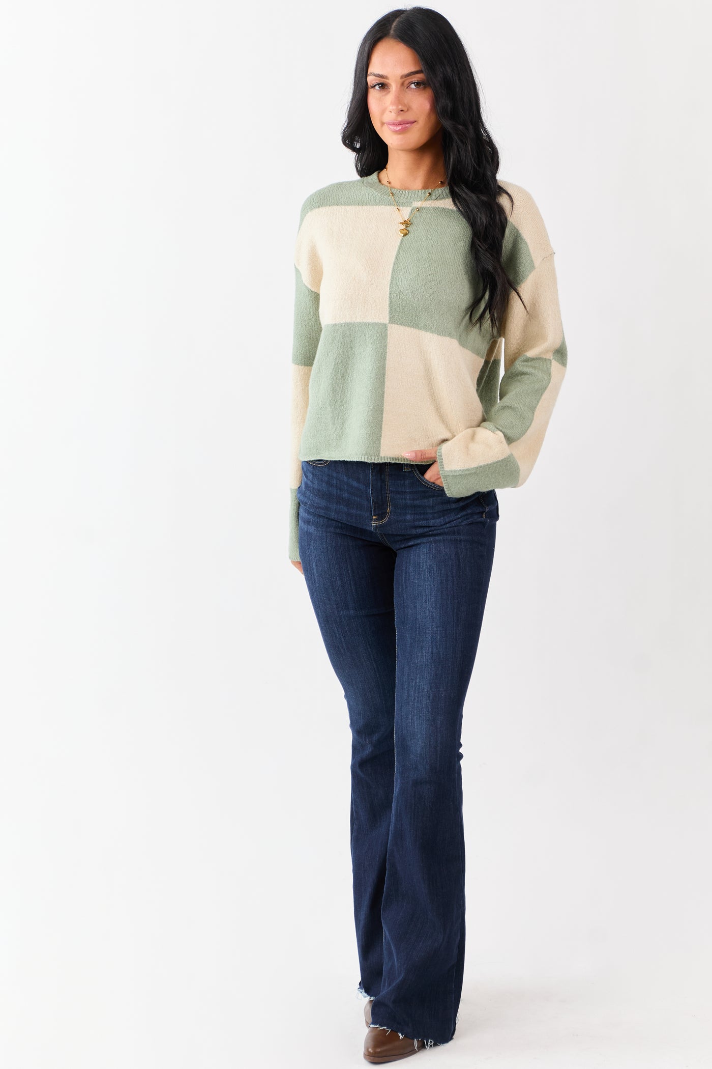 Sage Checkered Crew Neck Long Sleeve Sweater
