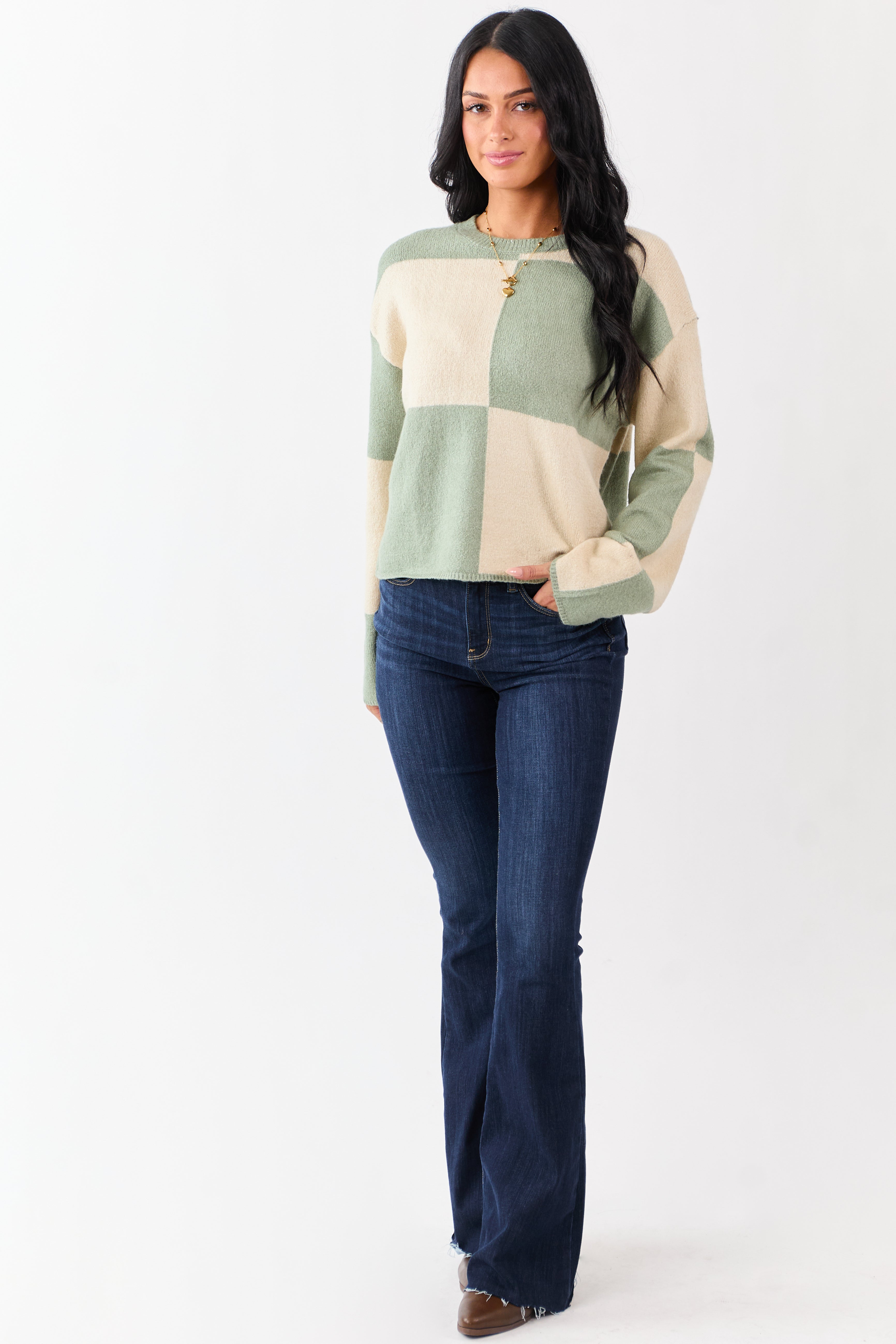 Sage Checkered Crew Neck Long Sleeve Sweater