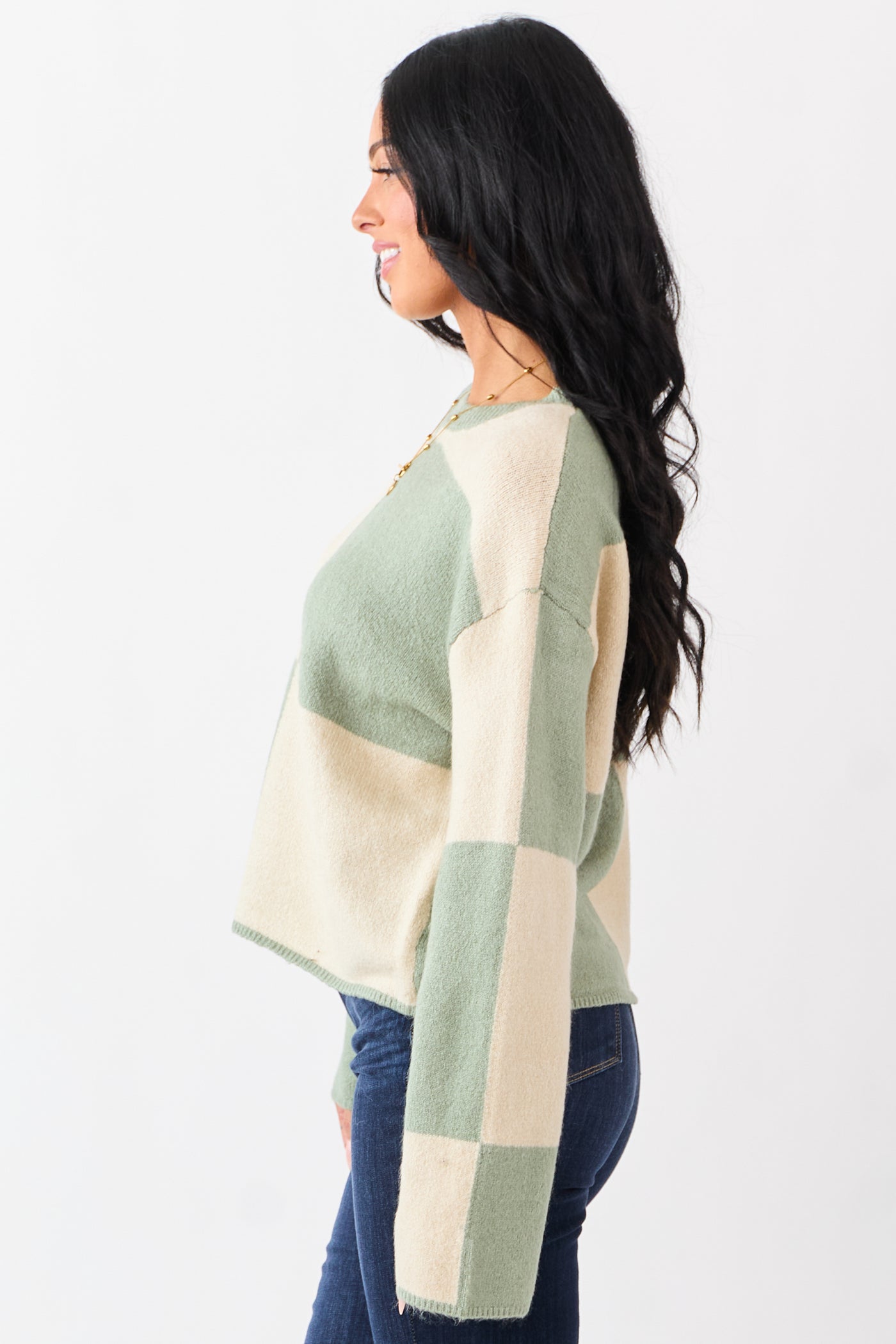 Sage Checkered Crew Neck Long Sleeve Sweater
