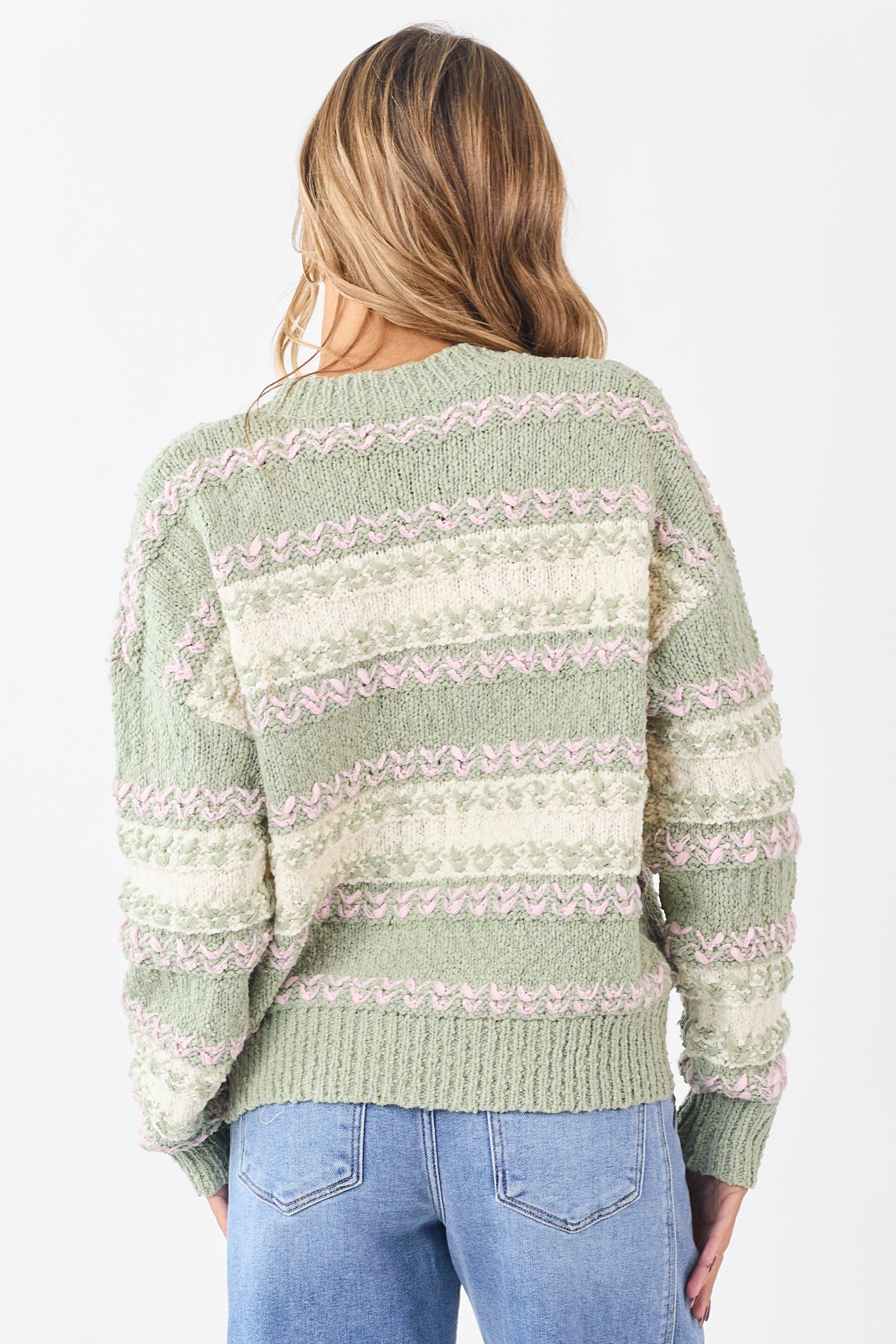 Sage Colorblock Textured Striped Soft Knit Sweater