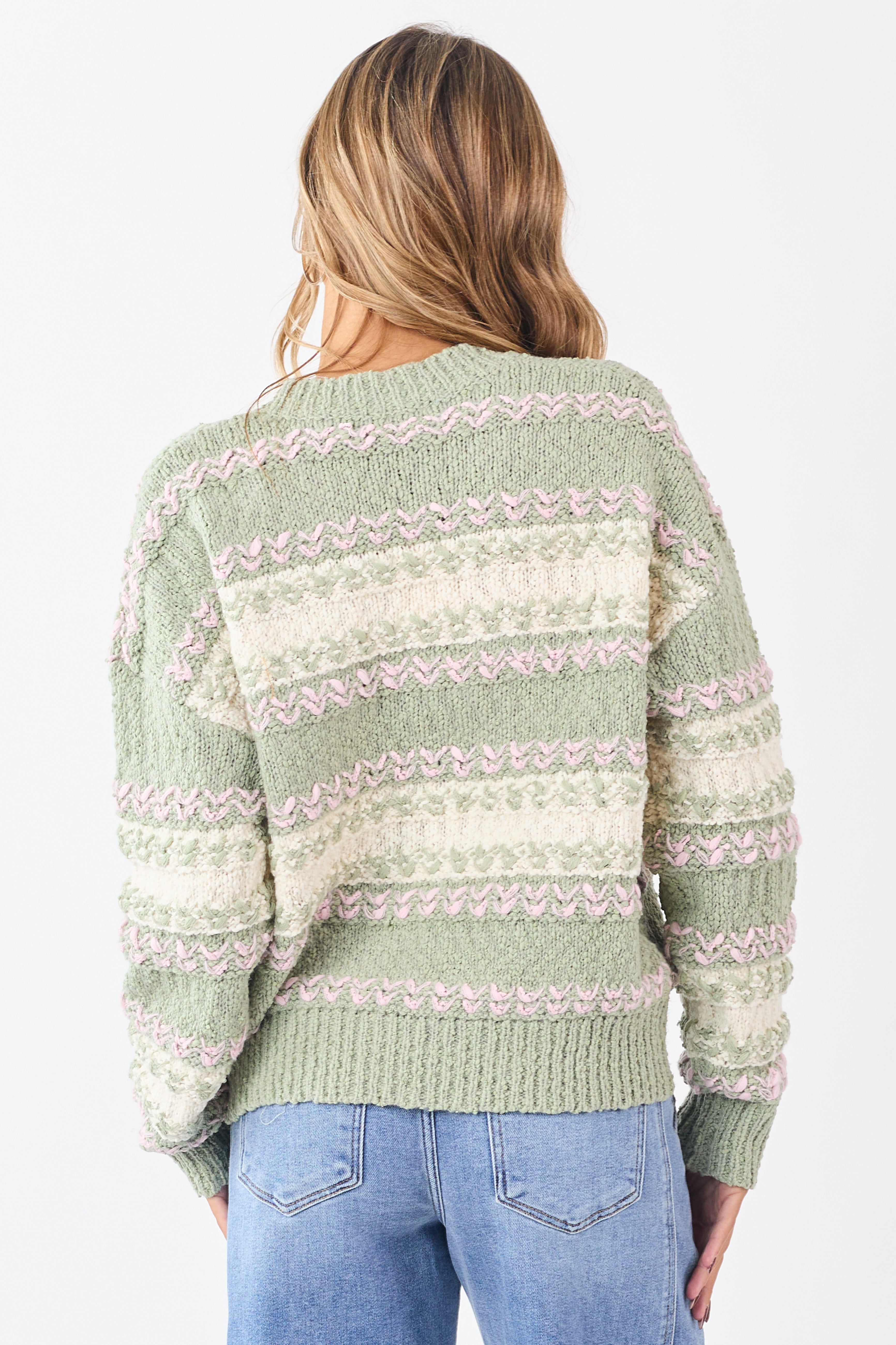 Sage Colorblock Textured Striped Soft Knit Sweater