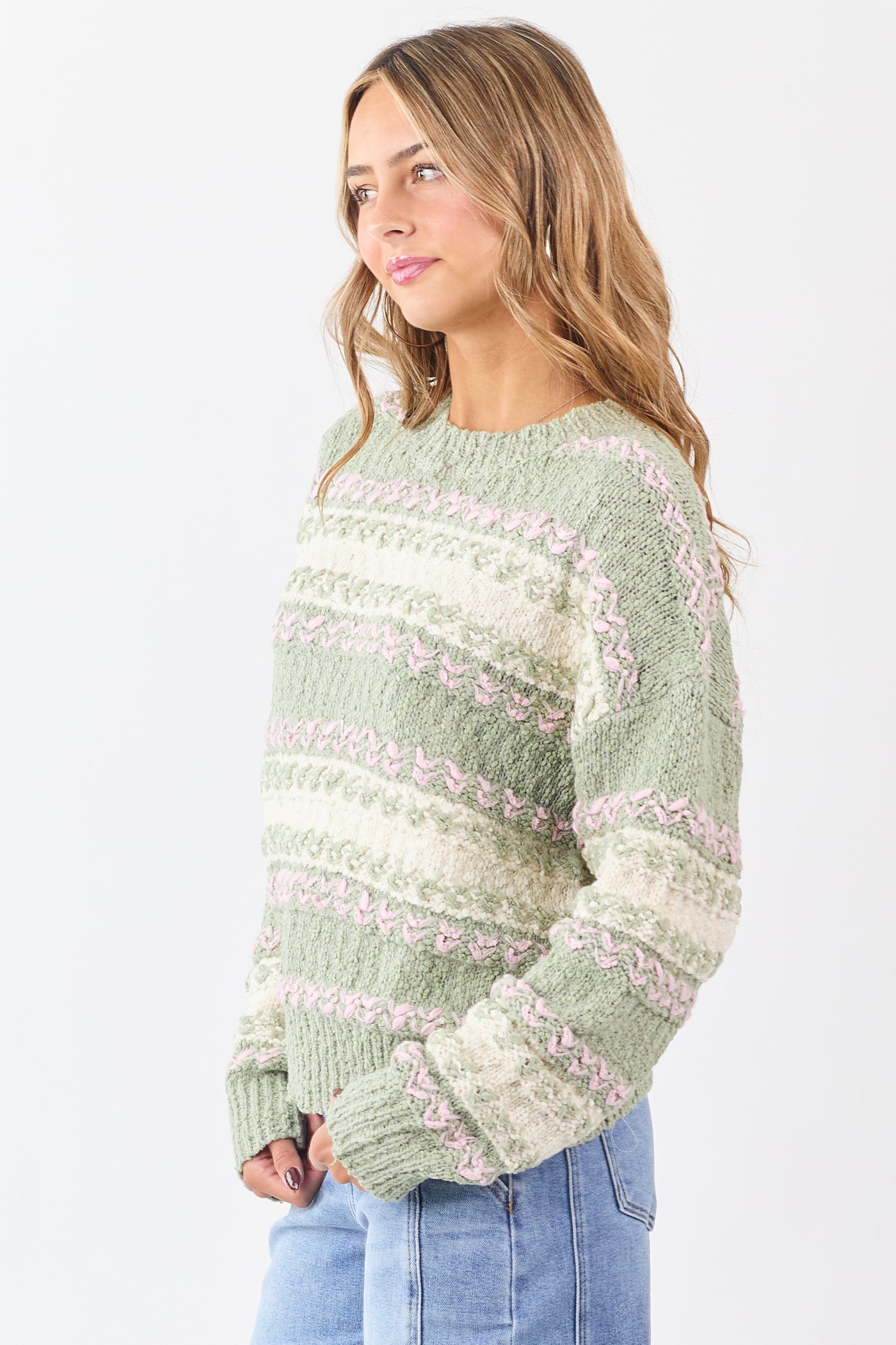 Sage Colorblock Textured Striped Soft Knit Sweater