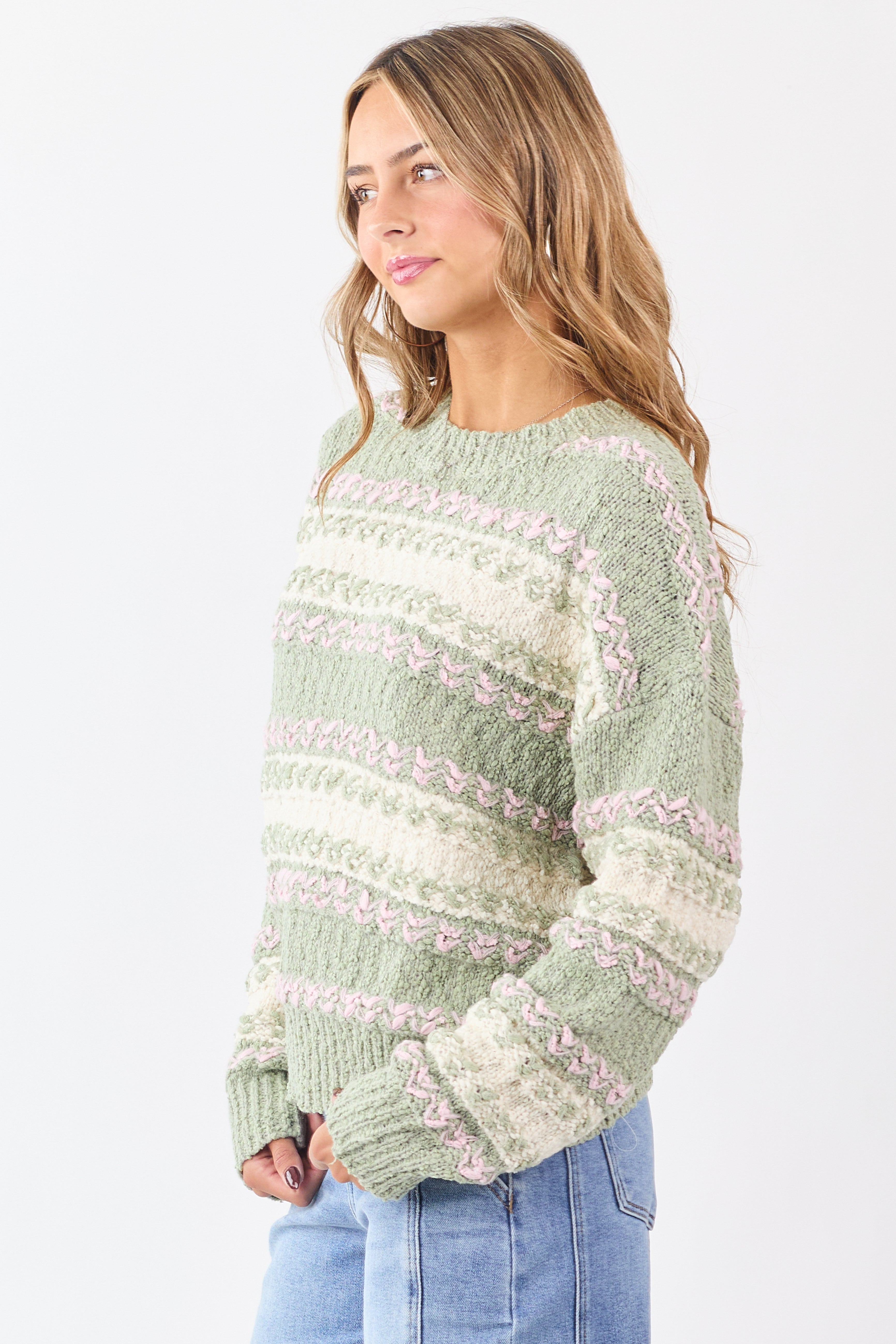 Sage Colorblock Textured Striped Soft Knit Sweater