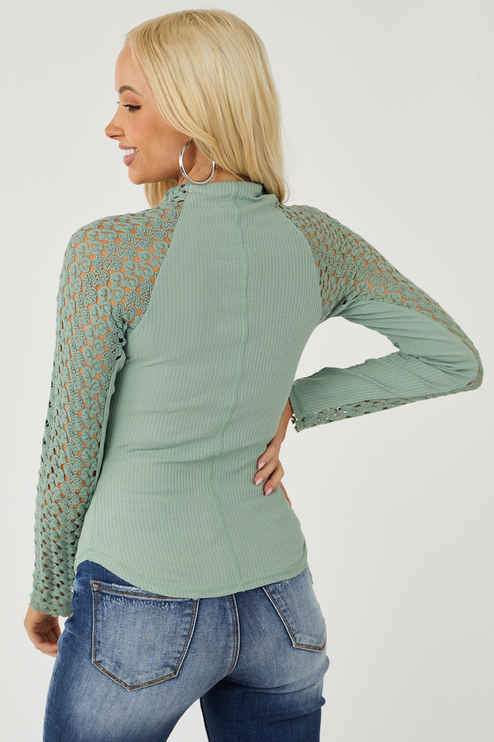 Sage Crochet Lace Long Sleeve Ribbed Top