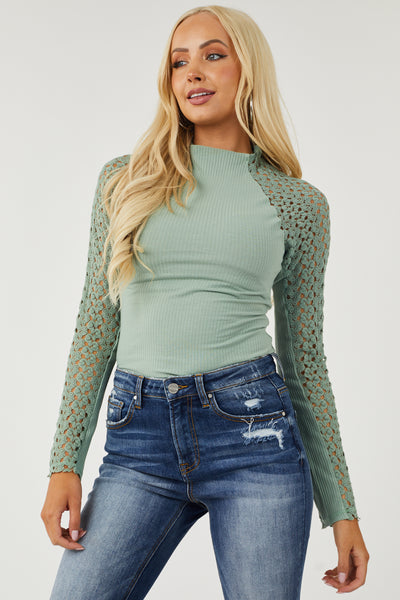Sage Crochet Lace Long Sleeve Ribbed Top