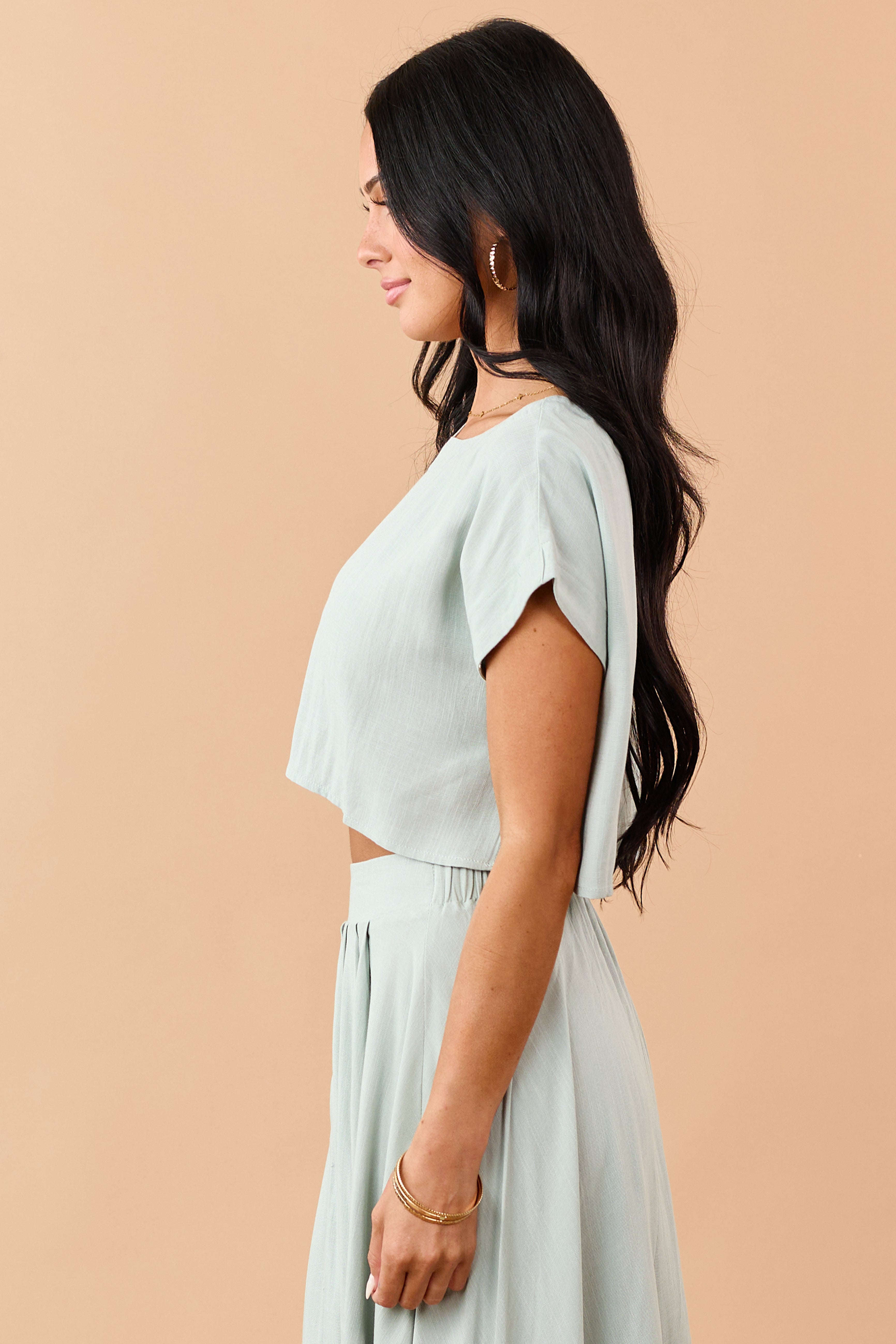 Sage Cropped Wide Sleeve Boxy Top