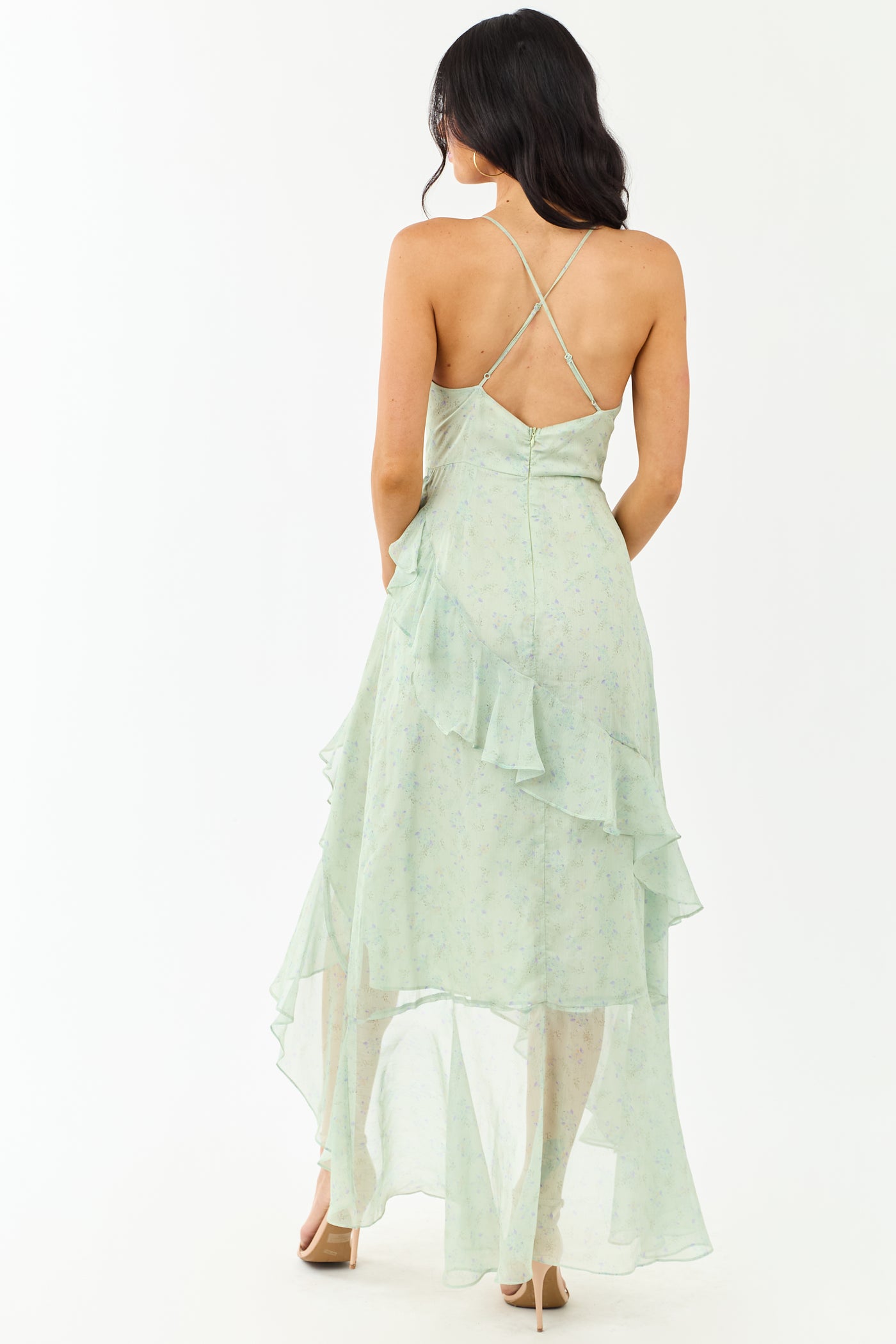 floral back ruffle maxi dress in sage reviews Ruffled Maxi Dress in Sage Green by Azazie