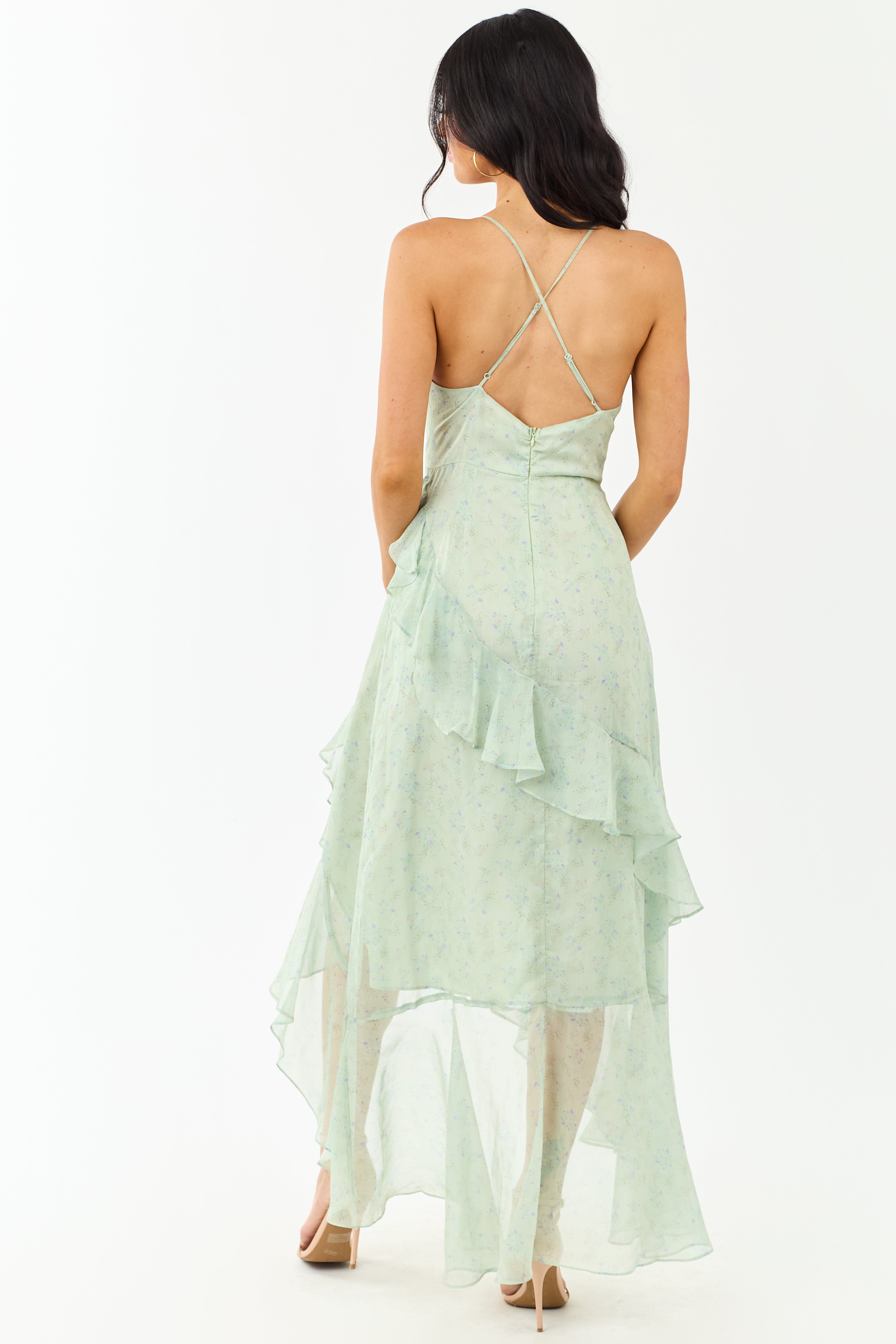 bougainvillea chiffon maxi dress in sage floral BOUGAINVILLEA CHIFFON MAXI DRESS IN SAGE FLORAL DE LA VALI OFFICIAL