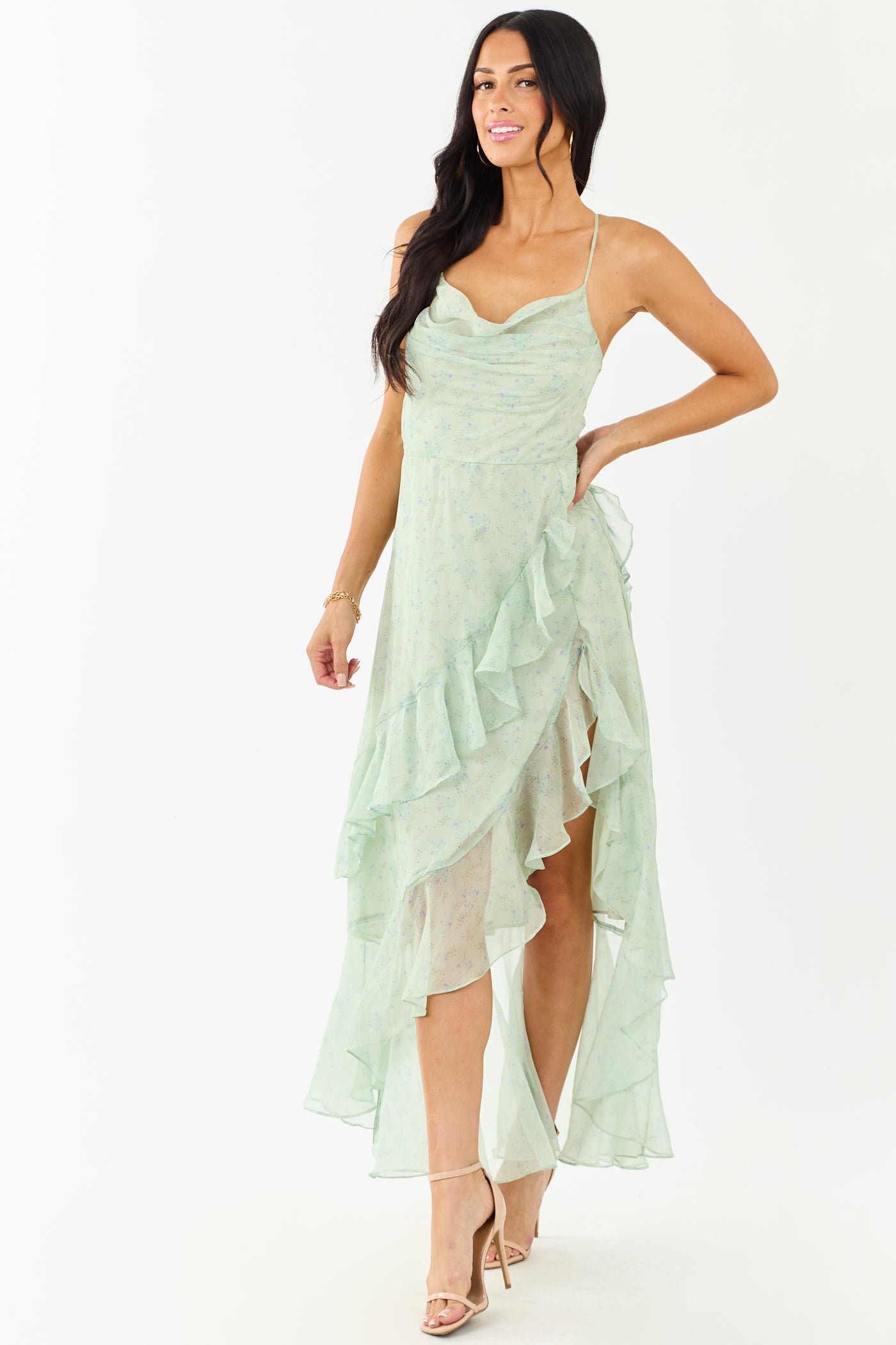Sage Ditsy Floral Chiffon Ruffle High Slit Maxi Dress | Lime Lush Boutique Sage Ditsy Floral Chiffon Ruffle High Slit Maxi Dress | Lime Lush Boutique