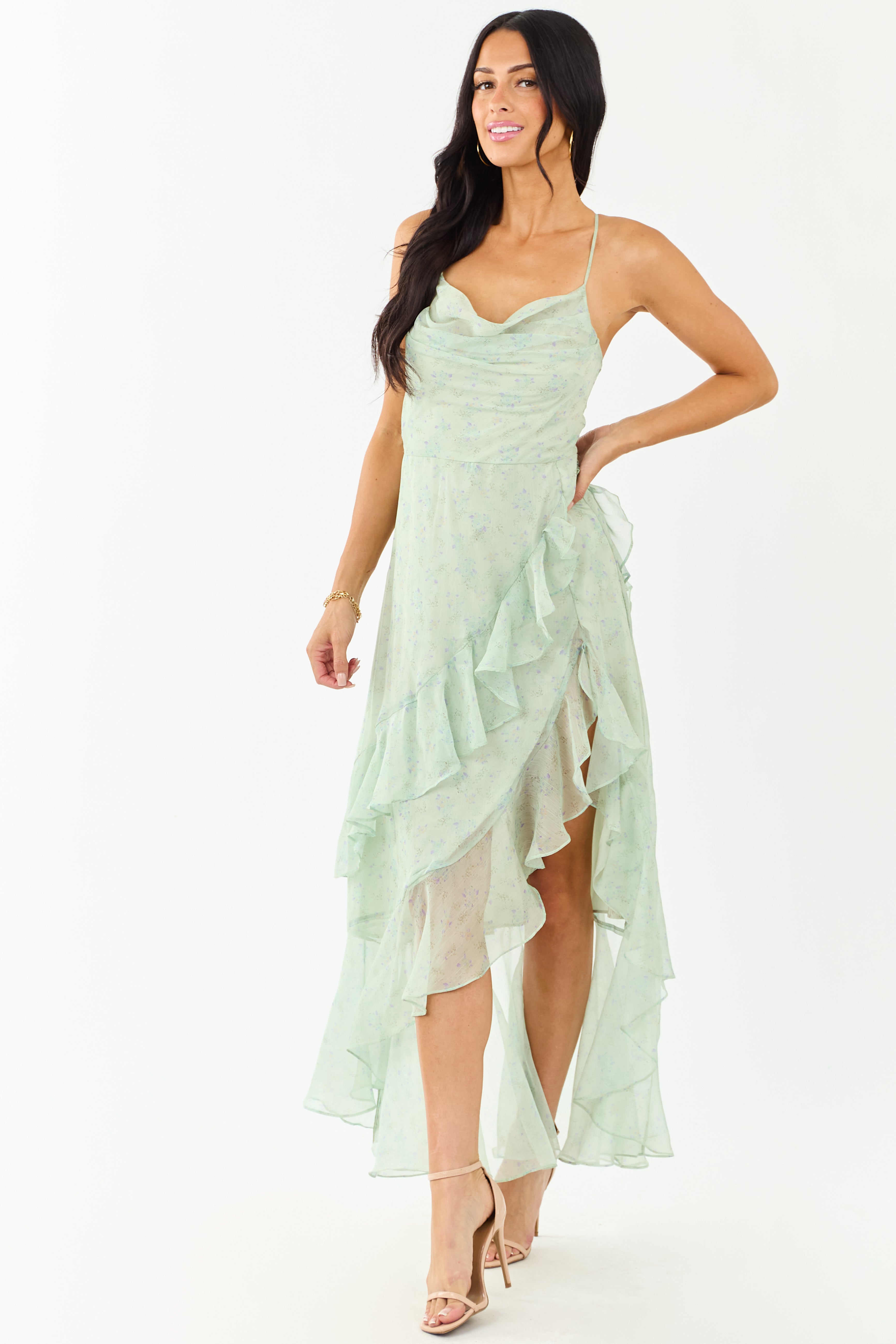 Sage Ditsy Floral Chiffon Ruffle High Slit Maxi Dress Sage Ditsy Floral Chiffon Ruffle High Slit Maxi Dress