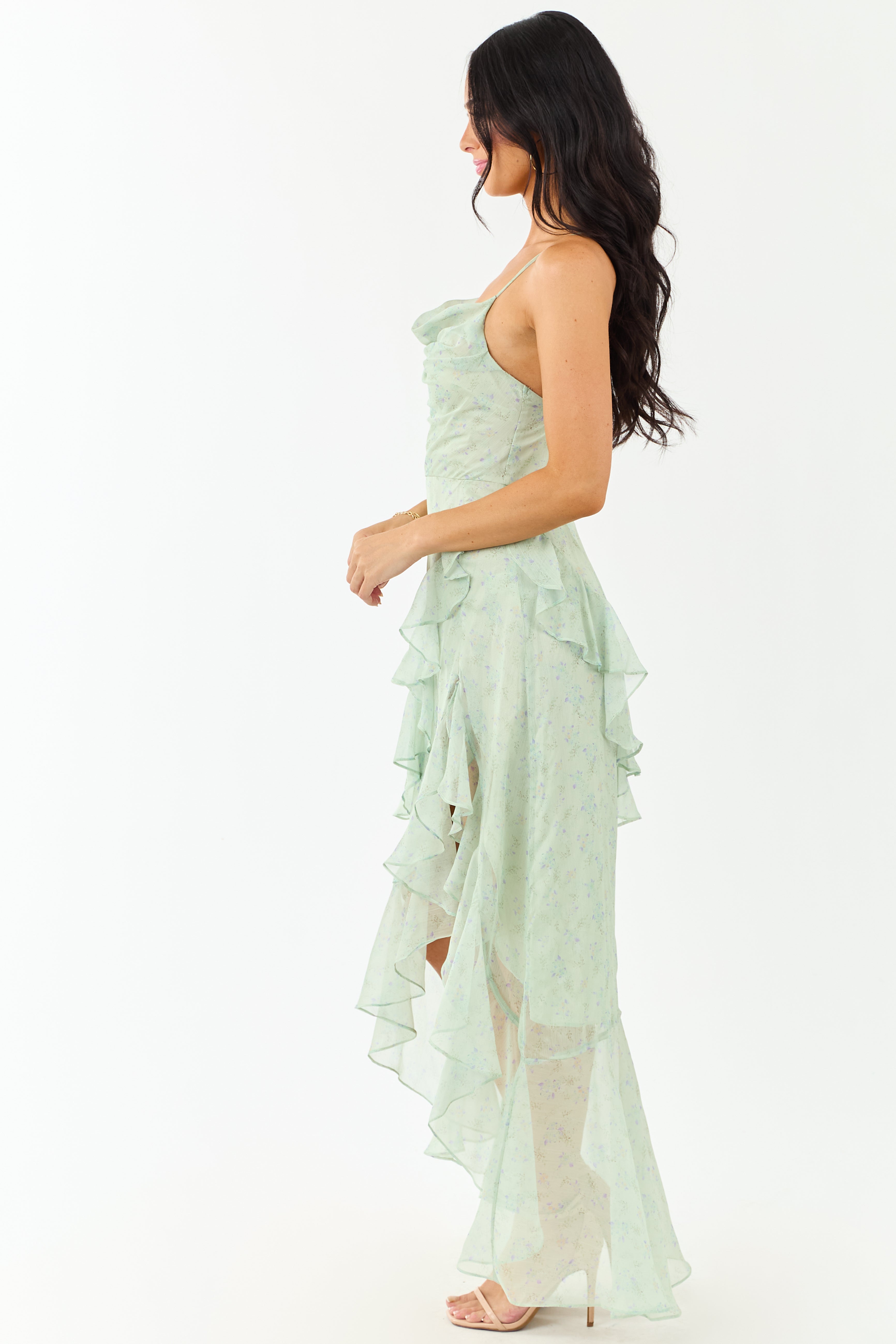 sage green ruffled dress Sage Ditsy Floral Chiffon Ruffle High Slit Maxi Dress