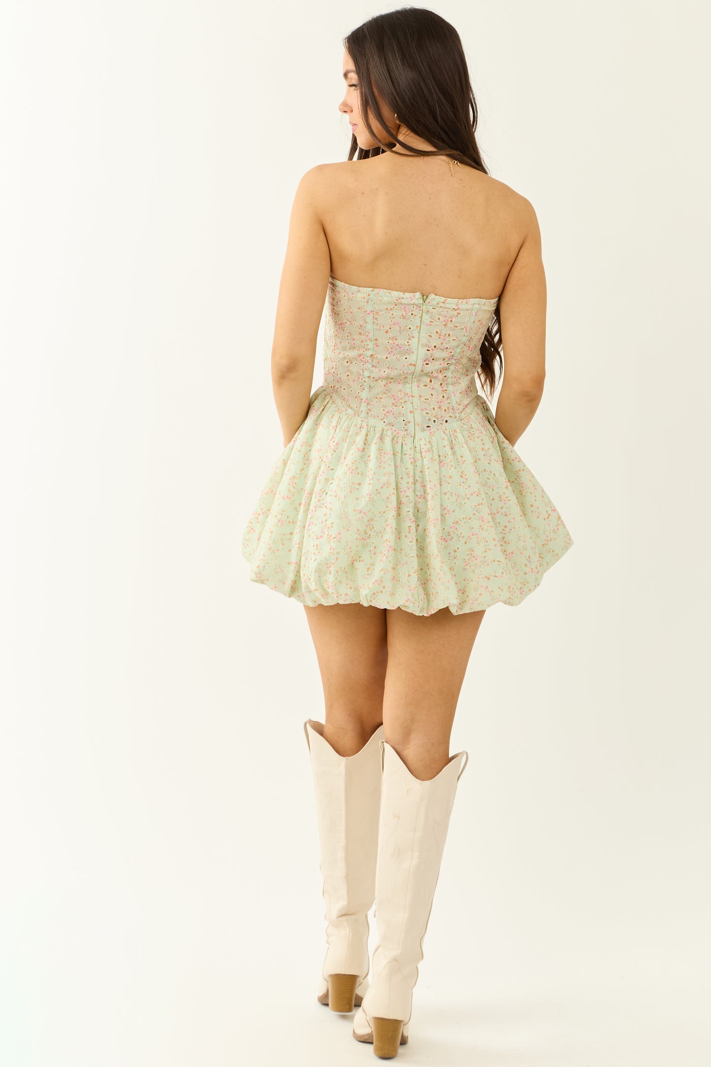 Sage Floral Print Bubble Hem Strapless Mini Dress