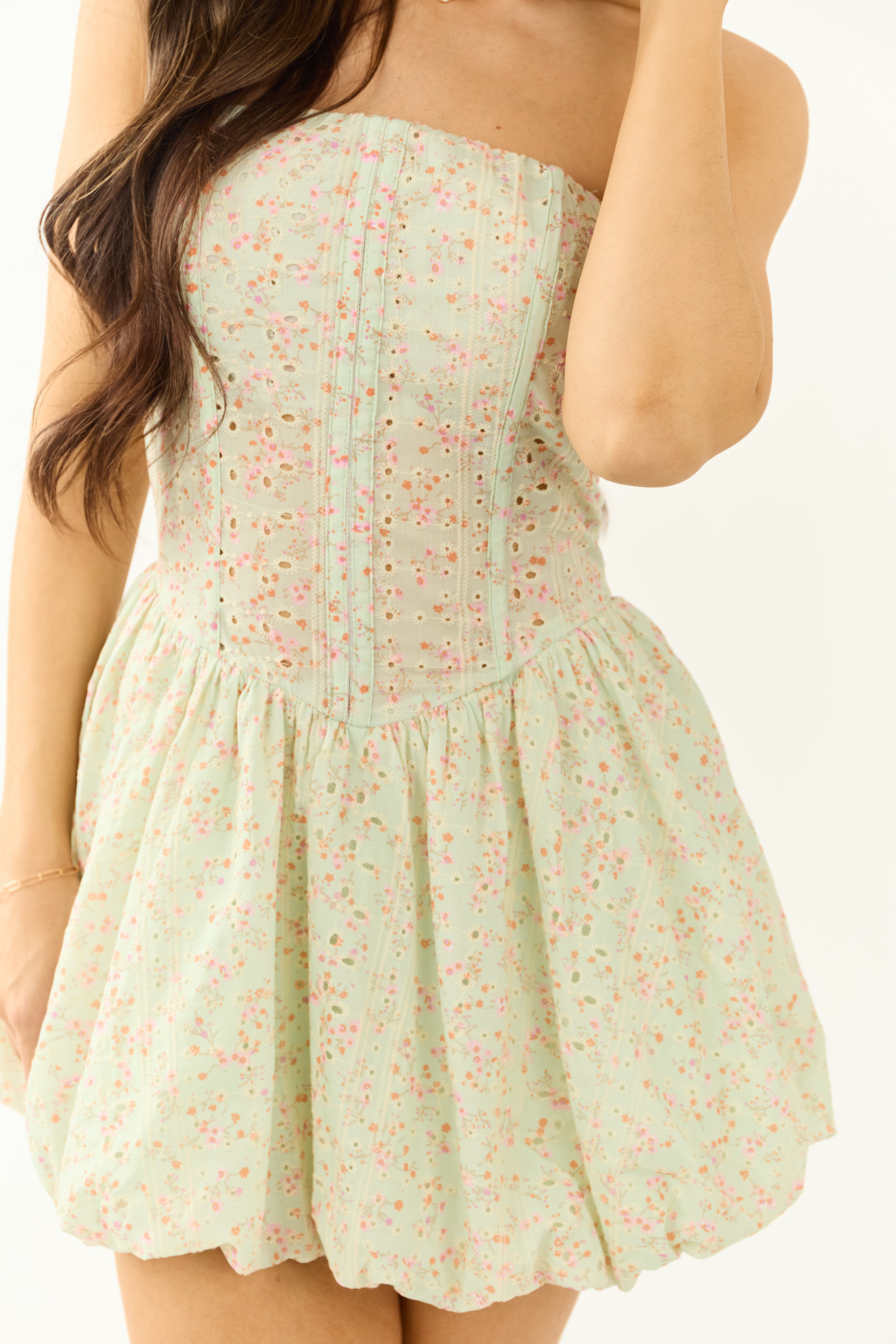 Sage Floral Print Bubble Hem Strapless Mini Dress