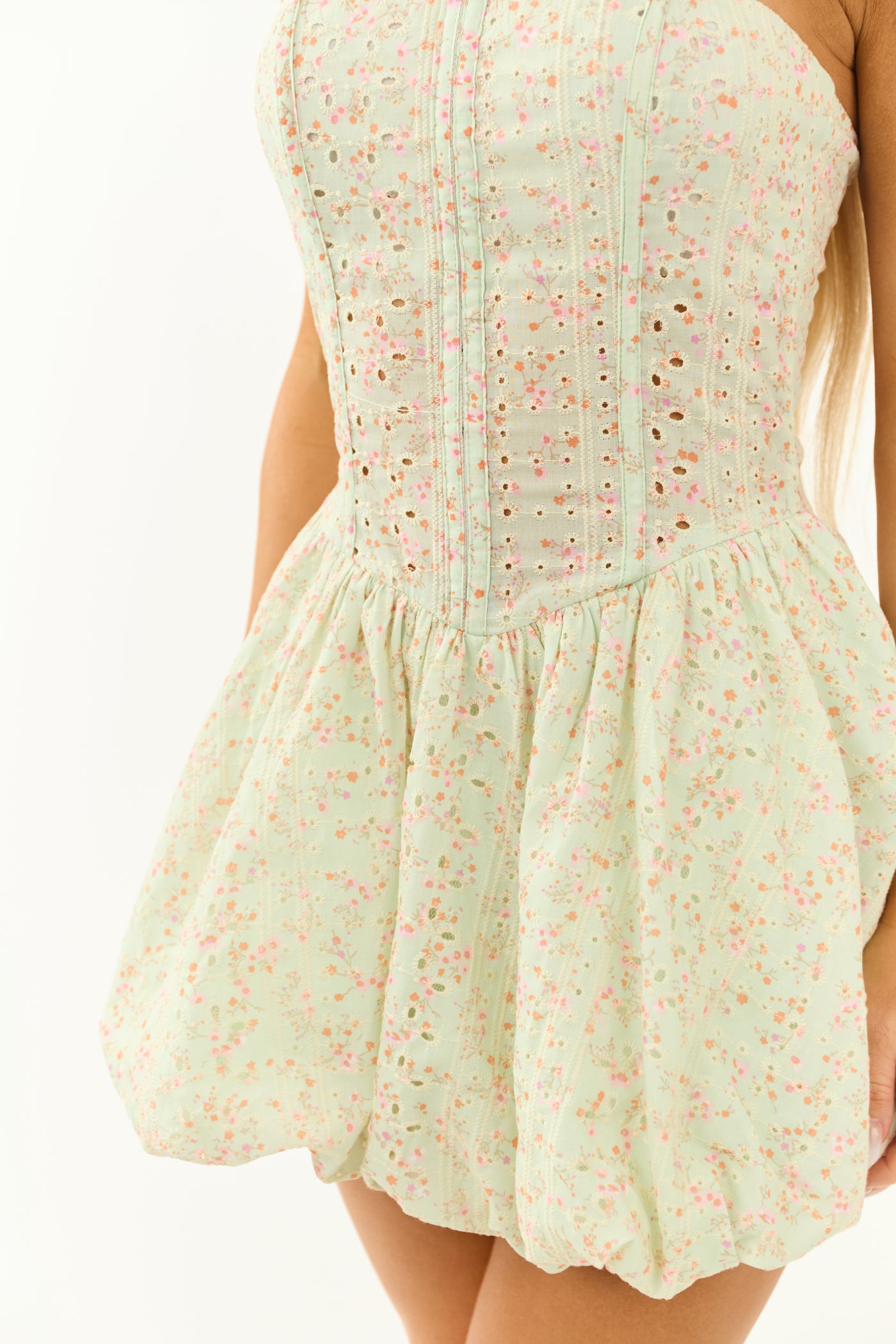 Sage Floral Print Bubble Hem Strapless Mini Dress