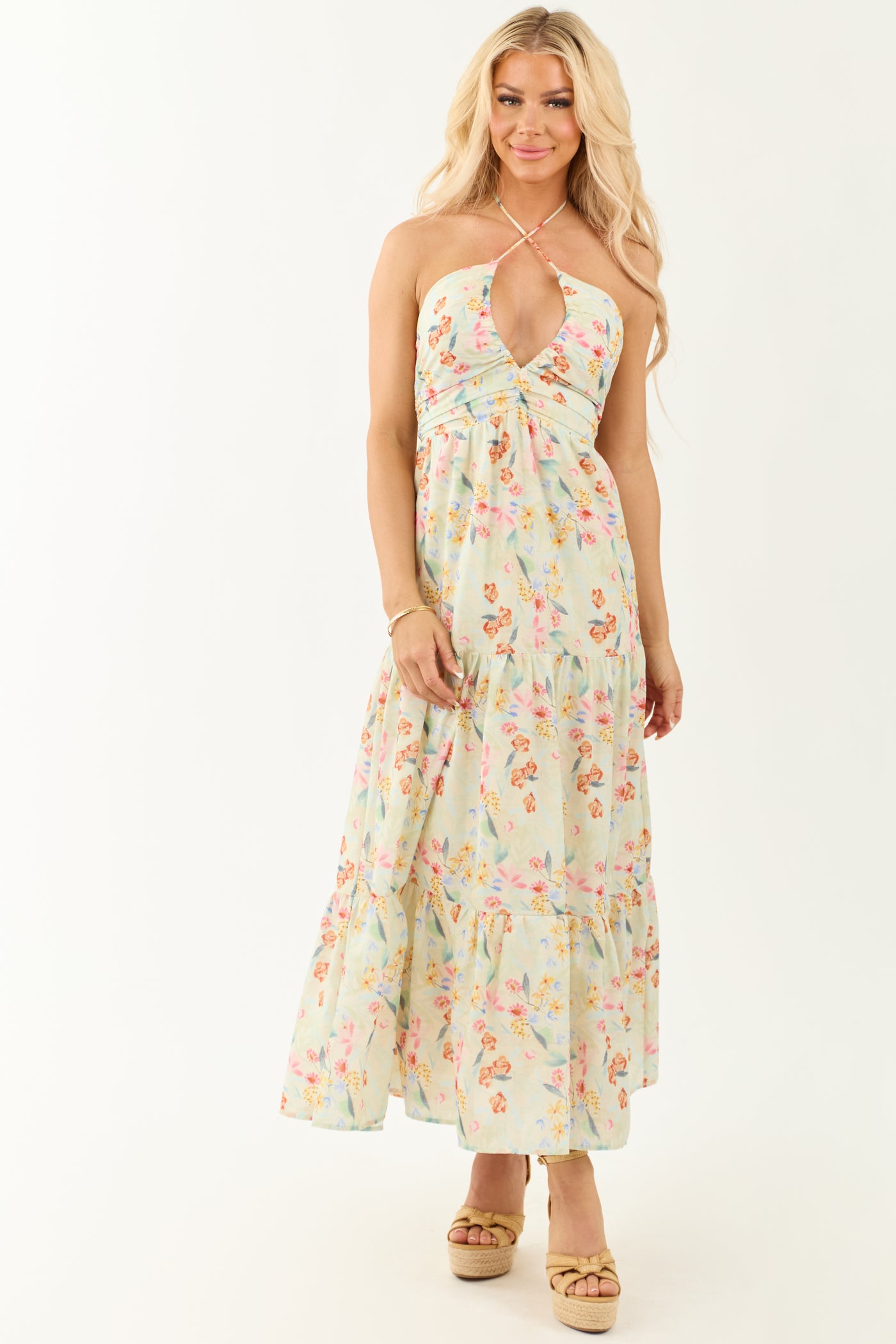 Sage Floral Print Halter Neck Sleeveless Maxi Dress Sage Floral Print Halter Neck Sleeveless Maxi Dress