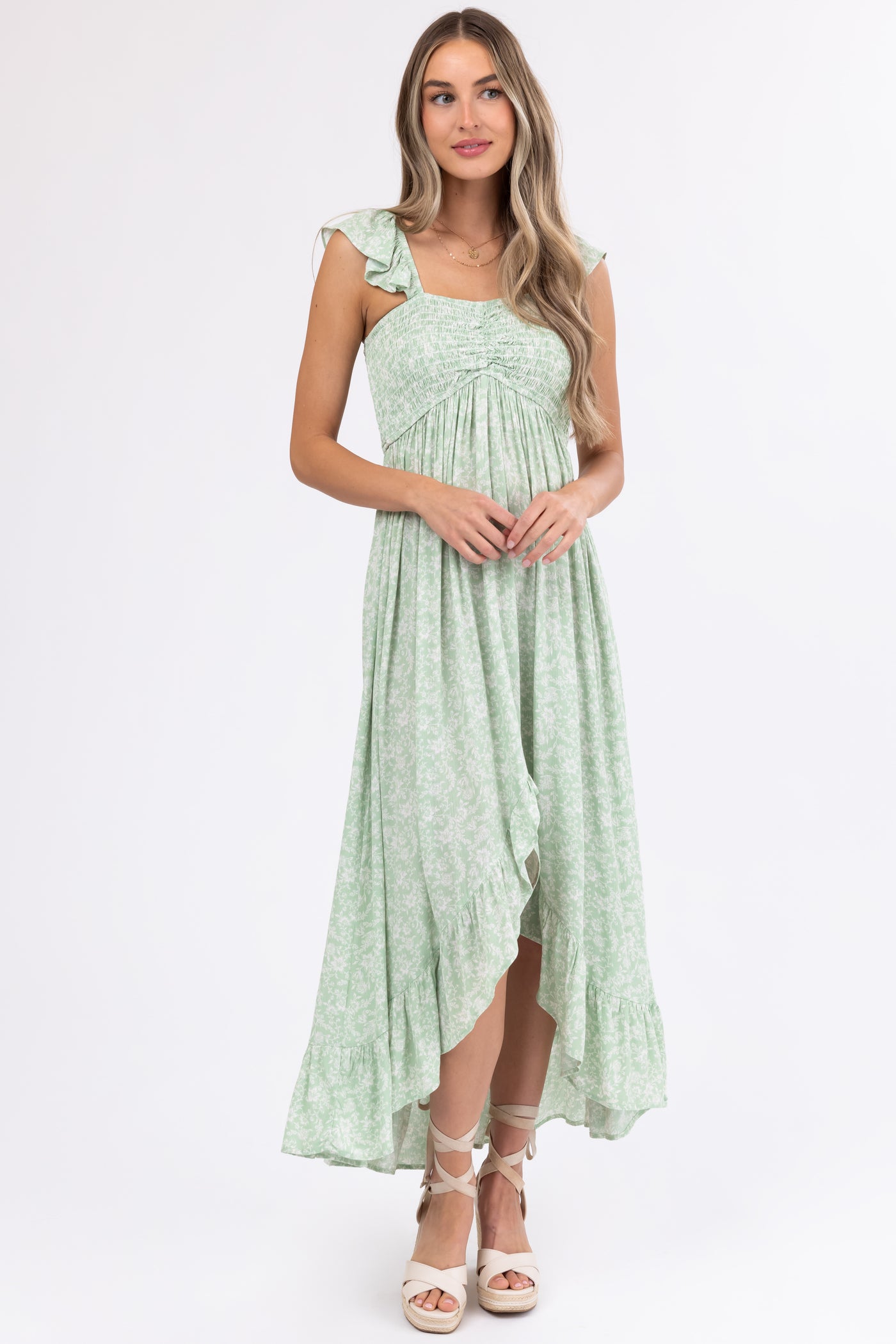 Sage Floral Print High Low Maxi Dress