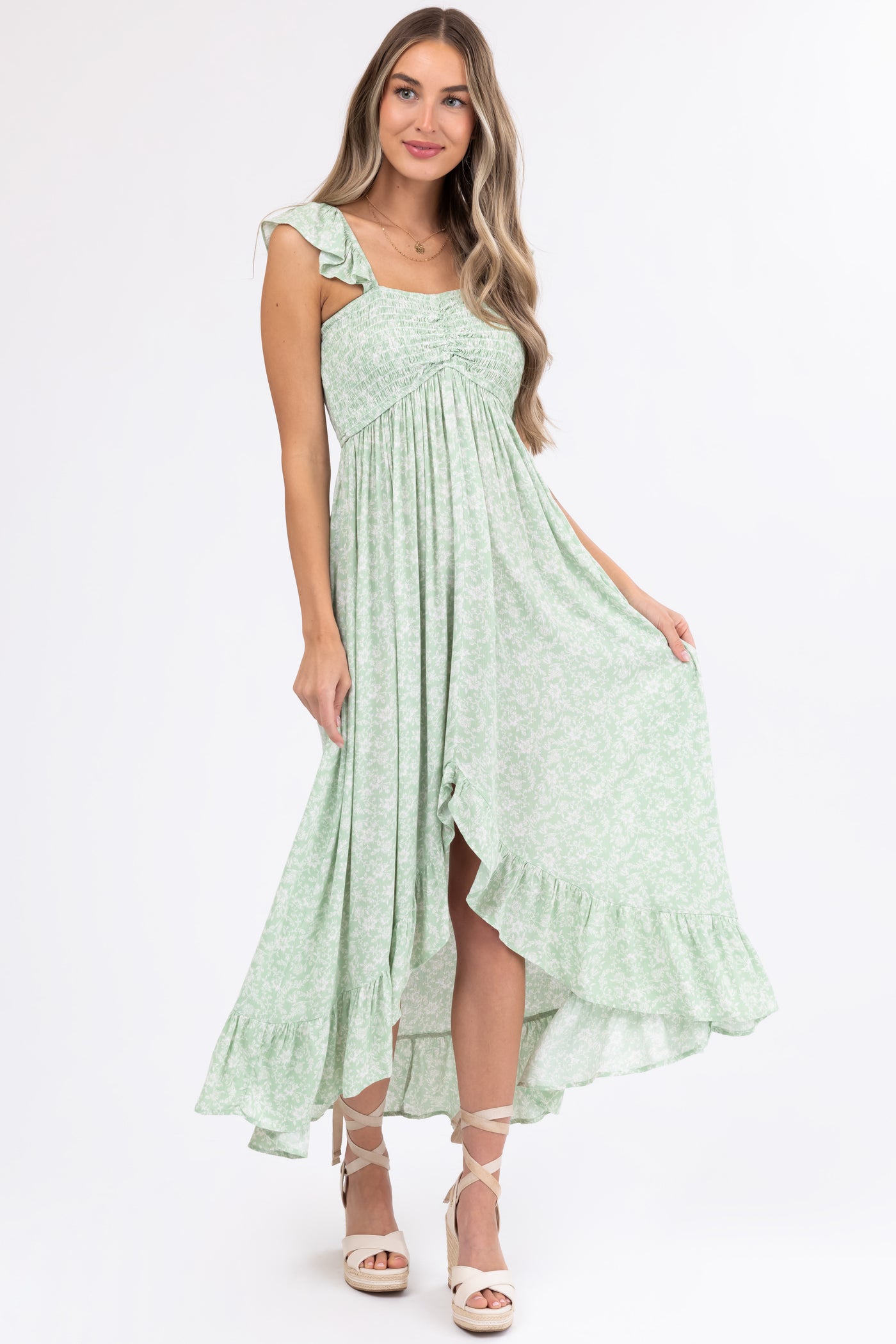 Sage Floral Print High Low Maxi Dress