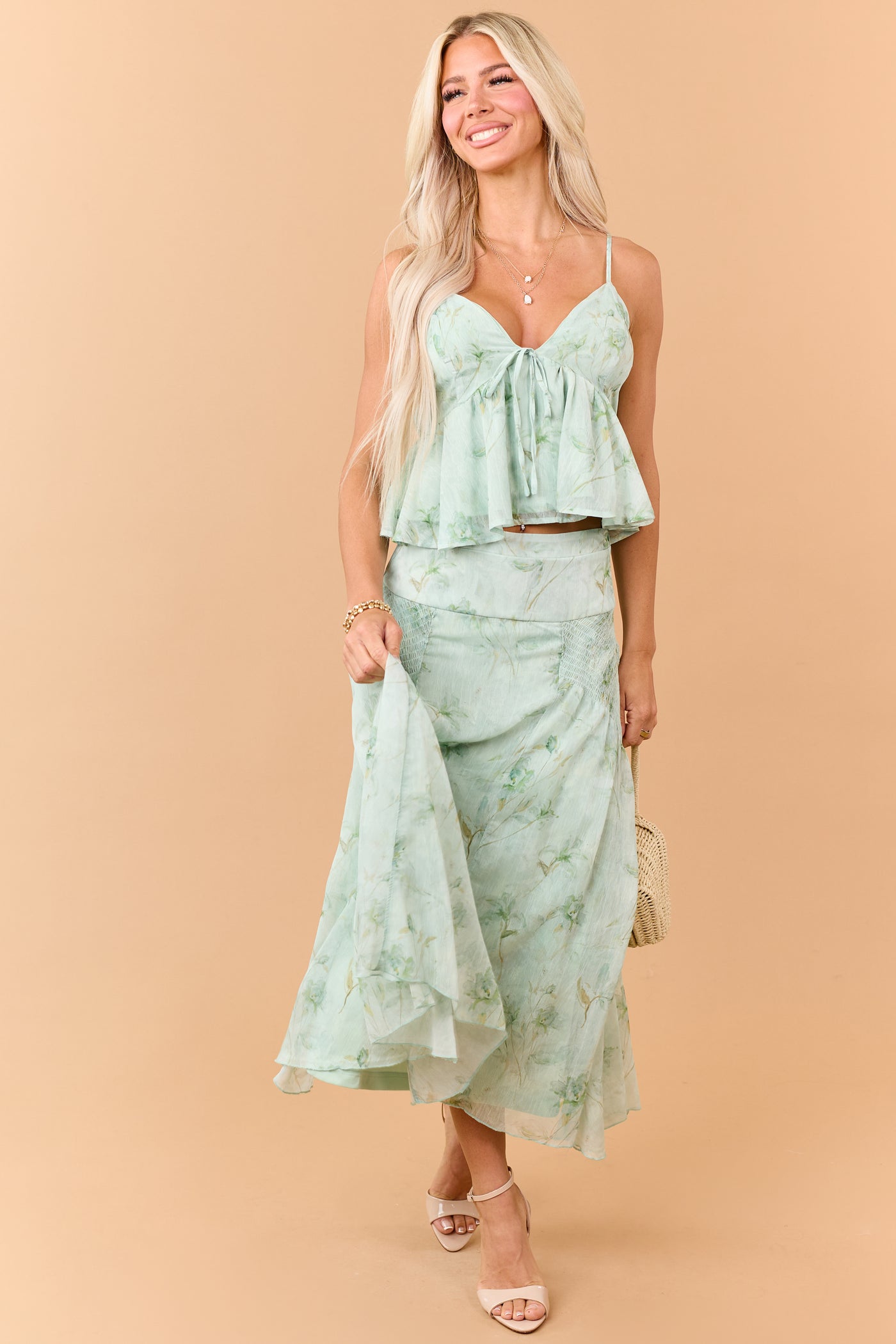 Sage Floral Print Ruffle Tie Detail Tank Top