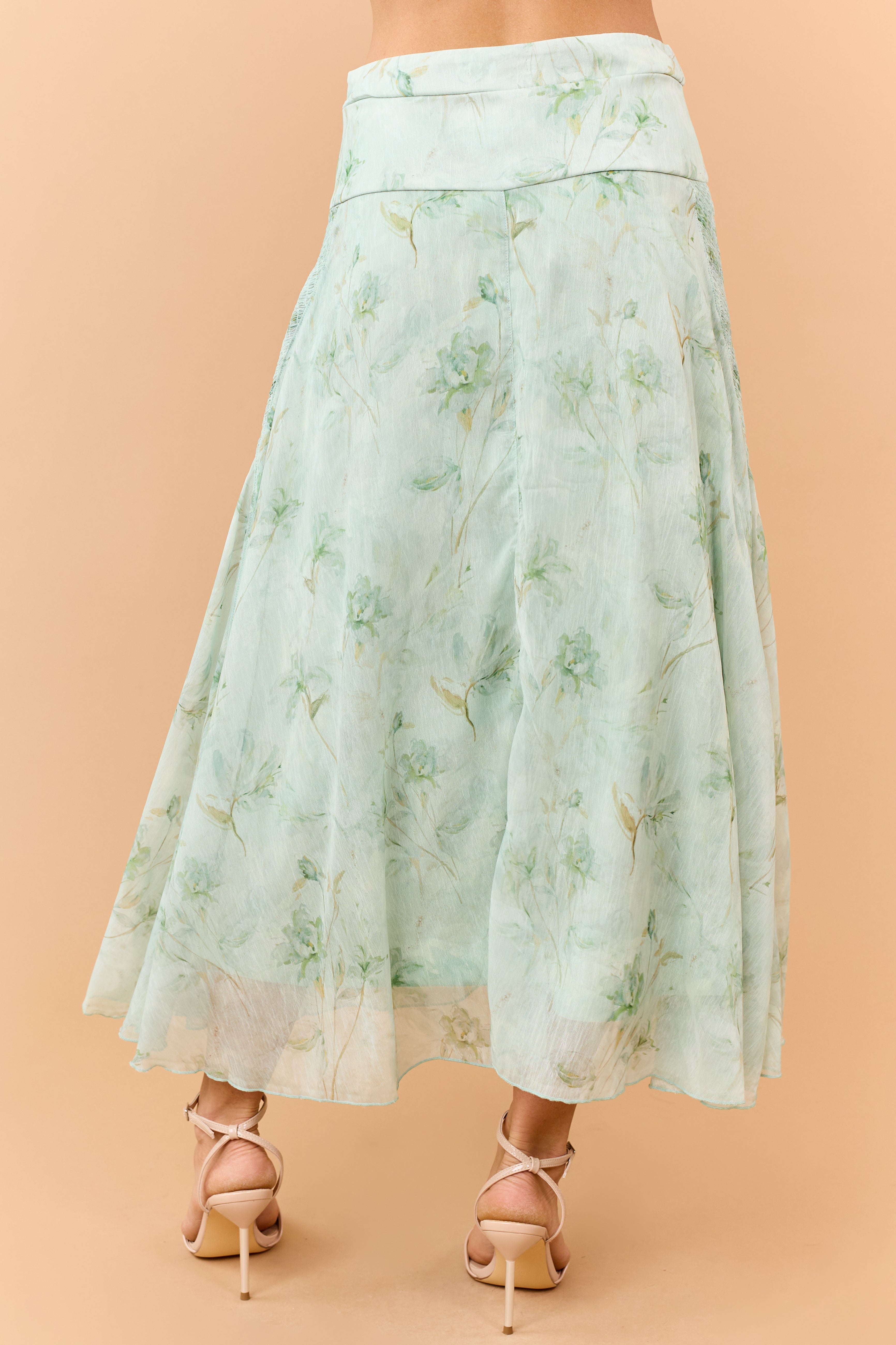 Sage Floral Print Smocked Maxi Skirt