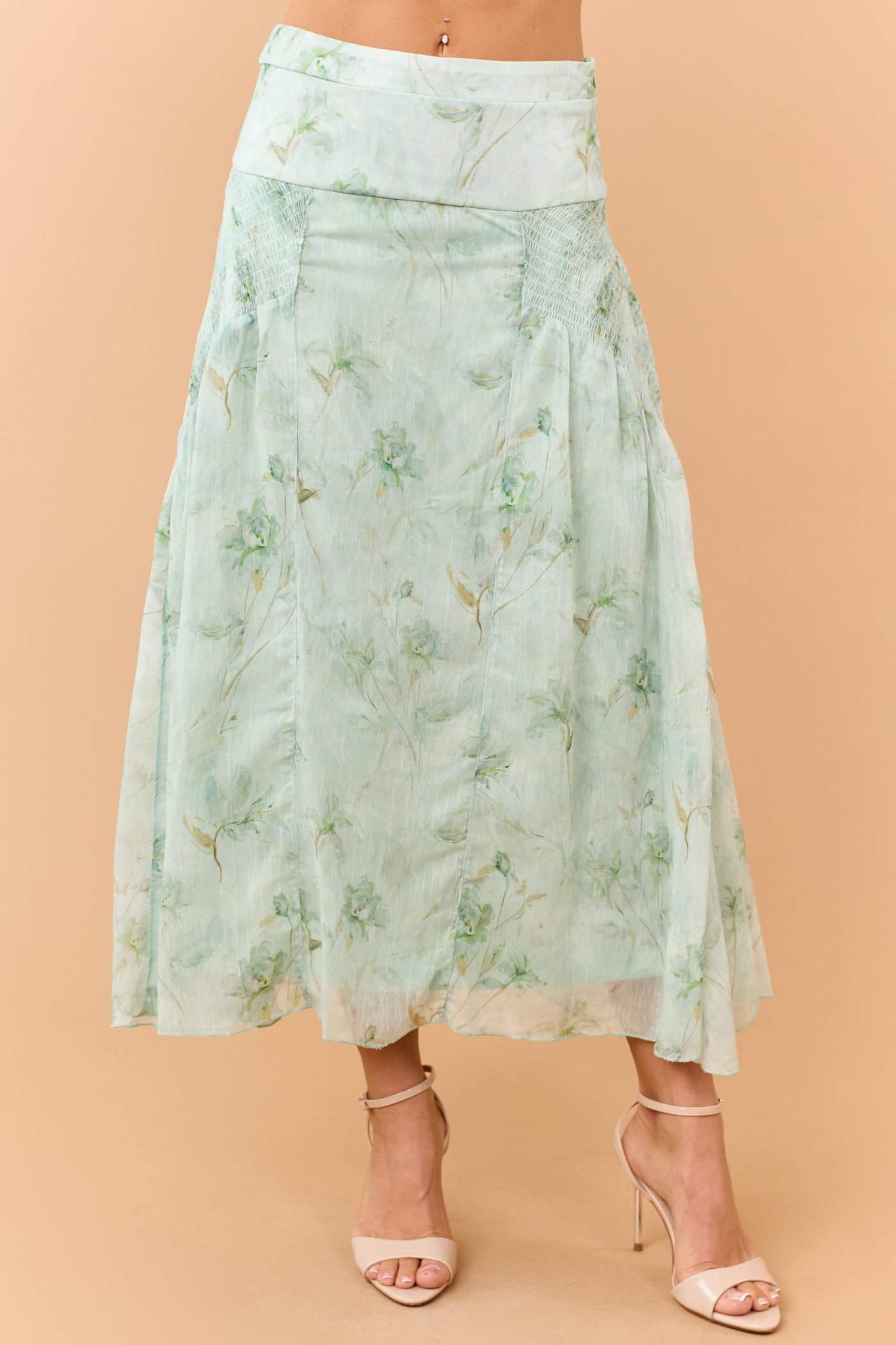 Sage Floral Print Smocked Maxi Skirt