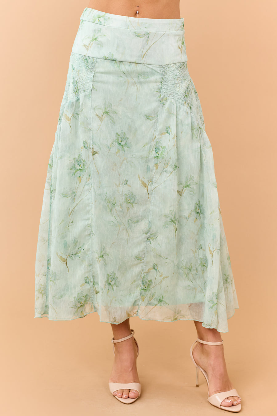 Sage Floral Print Smocked Maxi Skirt