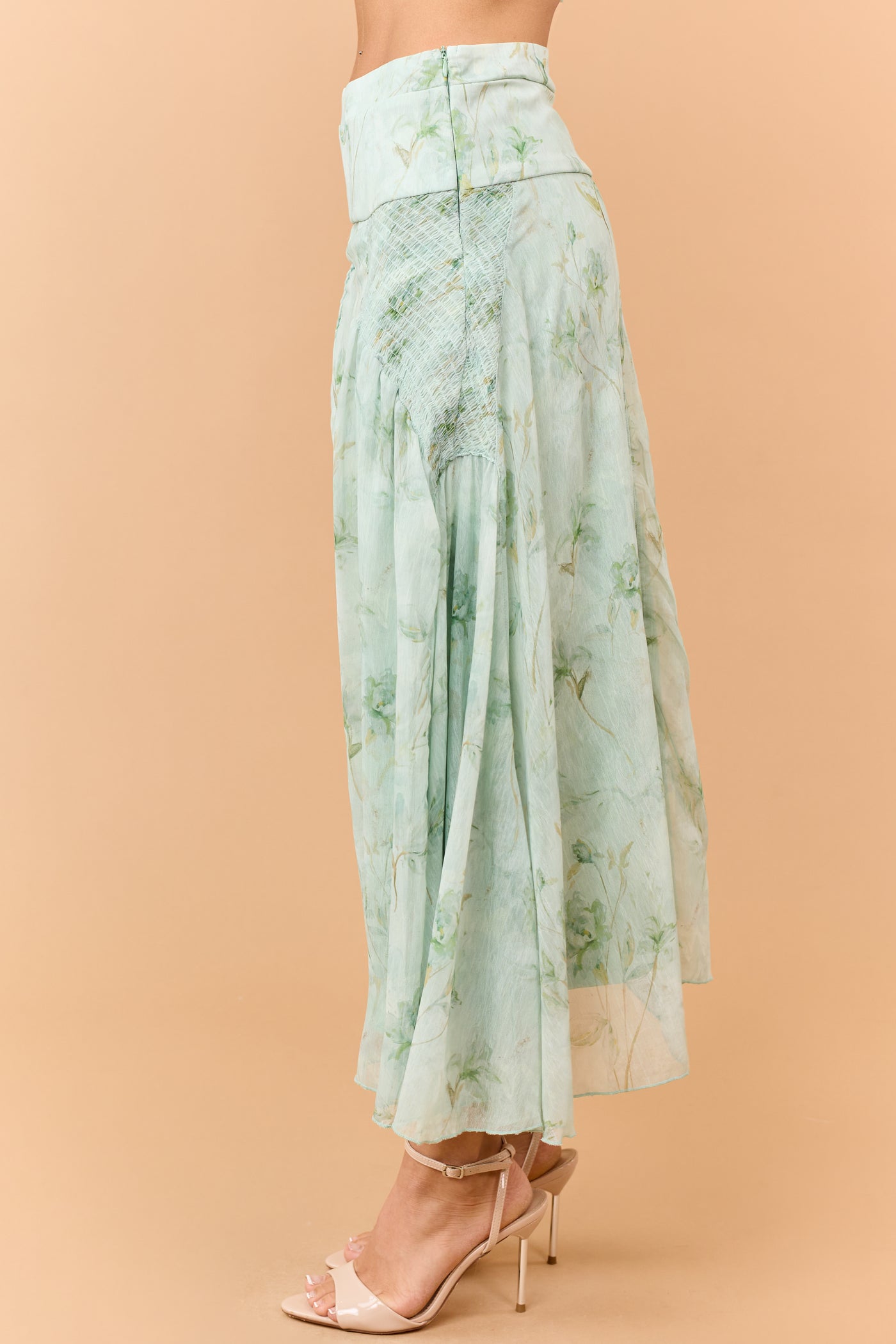Sage Floral Print Smocked Maxi Skirt