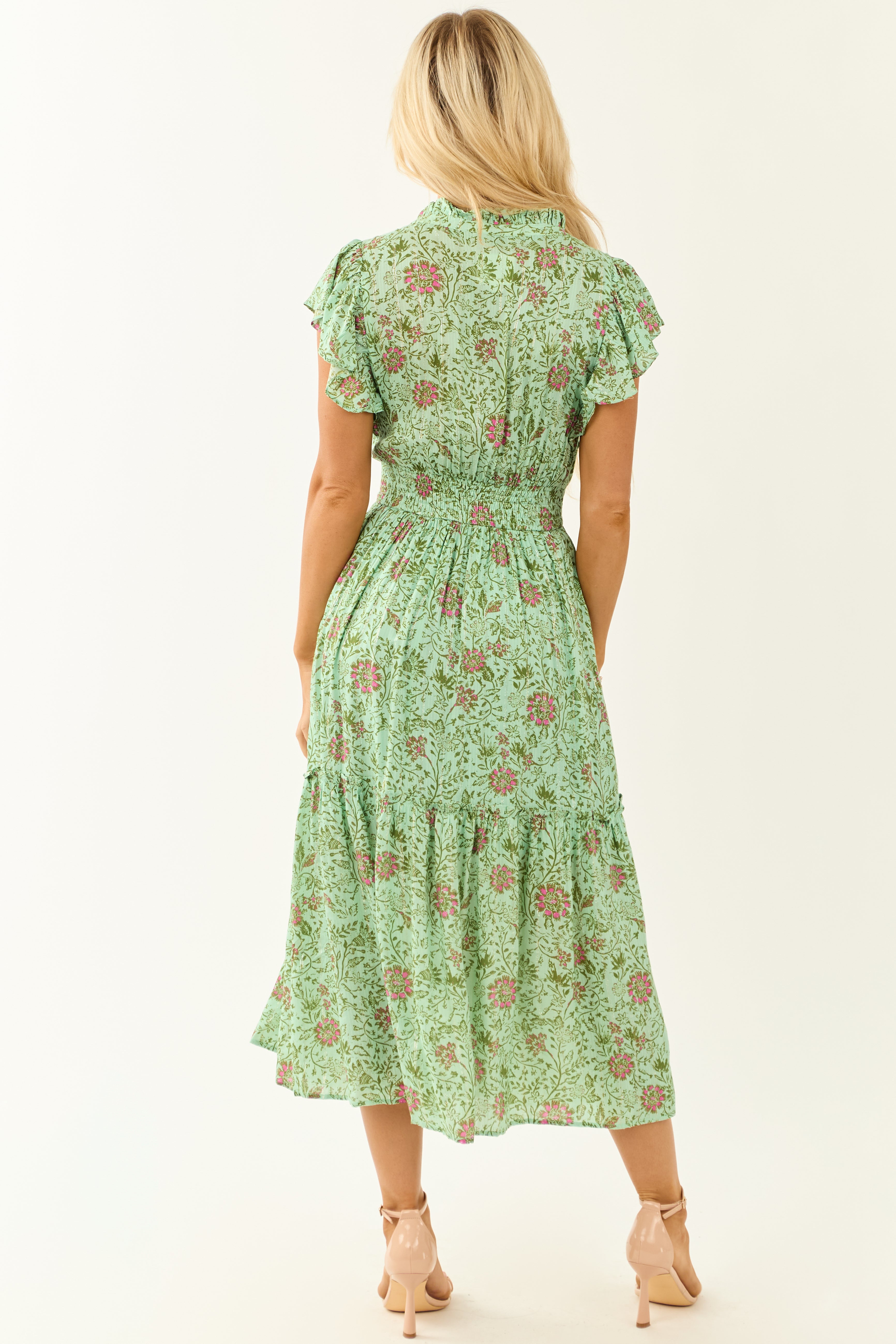 Sage Floral Ruffle Sleeve Metallic Stitch Midi Dress