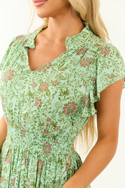 Sage Floral Ruffle Sleeve Metallic Stitch Midi Dress